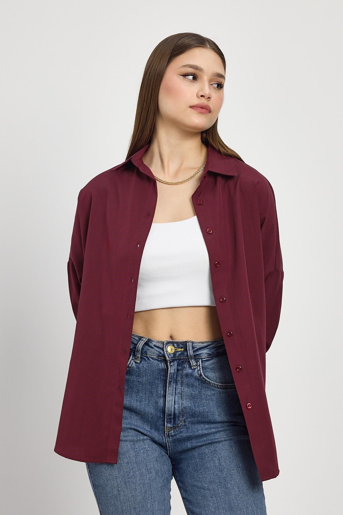 Bordo Relaxed Fit Rahat Kesim Basic Gömlek - 6621A