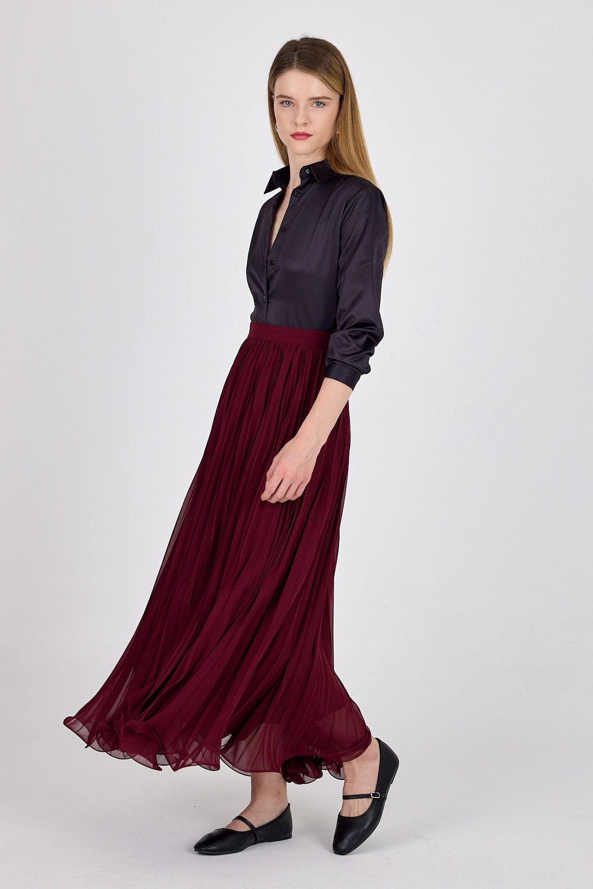 Bordo Şifon Piliseli Yüksek Bel Maxi Etek 1003