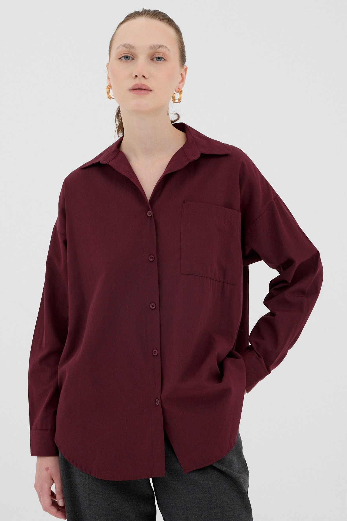 Bordo Tek Cepli Oversize Gömlek 8158A