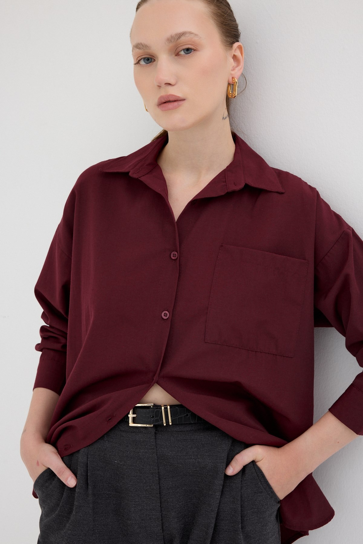 Bordo Tek Cepli Oversize Gömlek 8158A