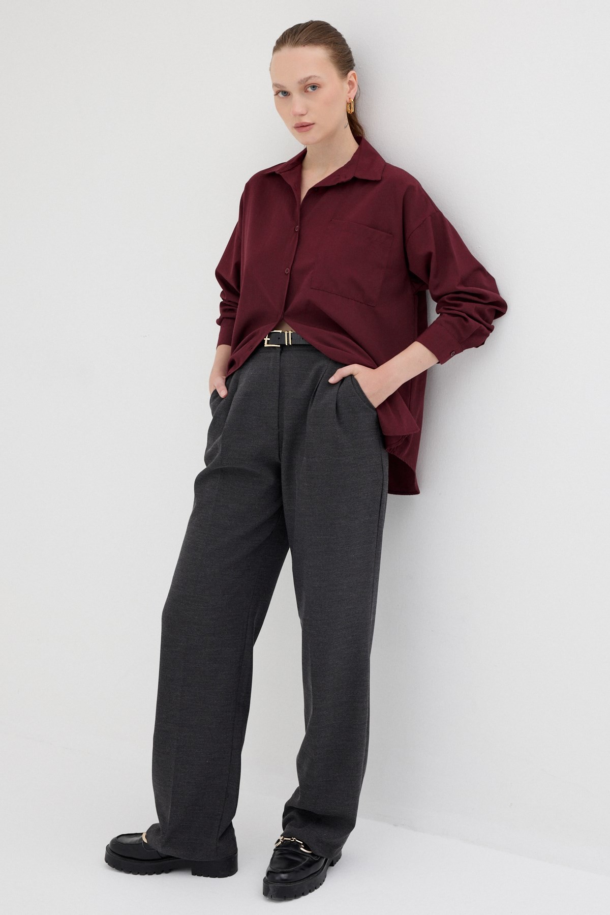 Bordo Tek Cepli Oversize Gömlek 8158A