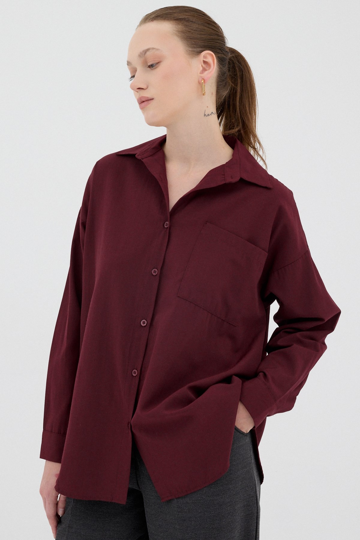 Bordo Tek Cepli Oversize Gömlek 8158A