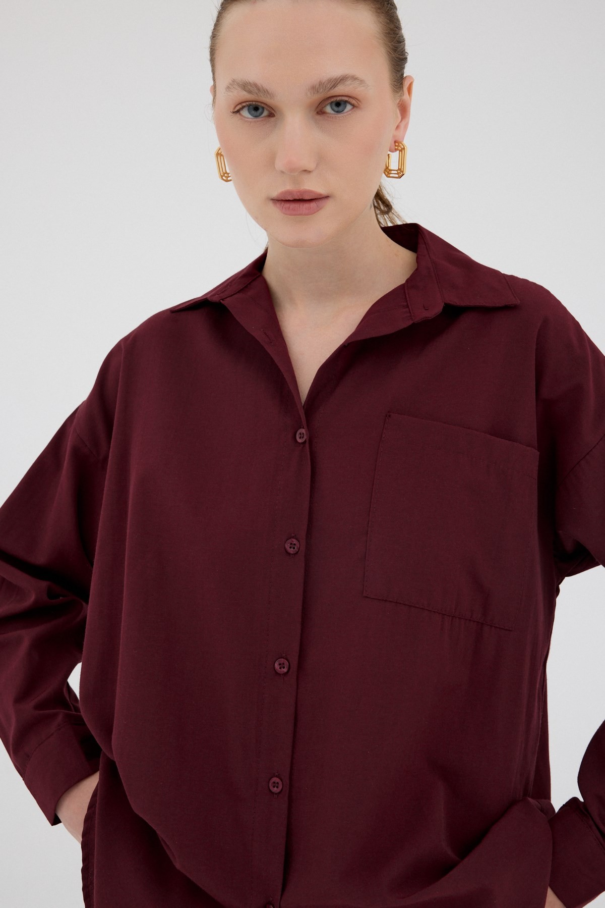 Bordo Tek Cepli Oversize Gömlek 8158A