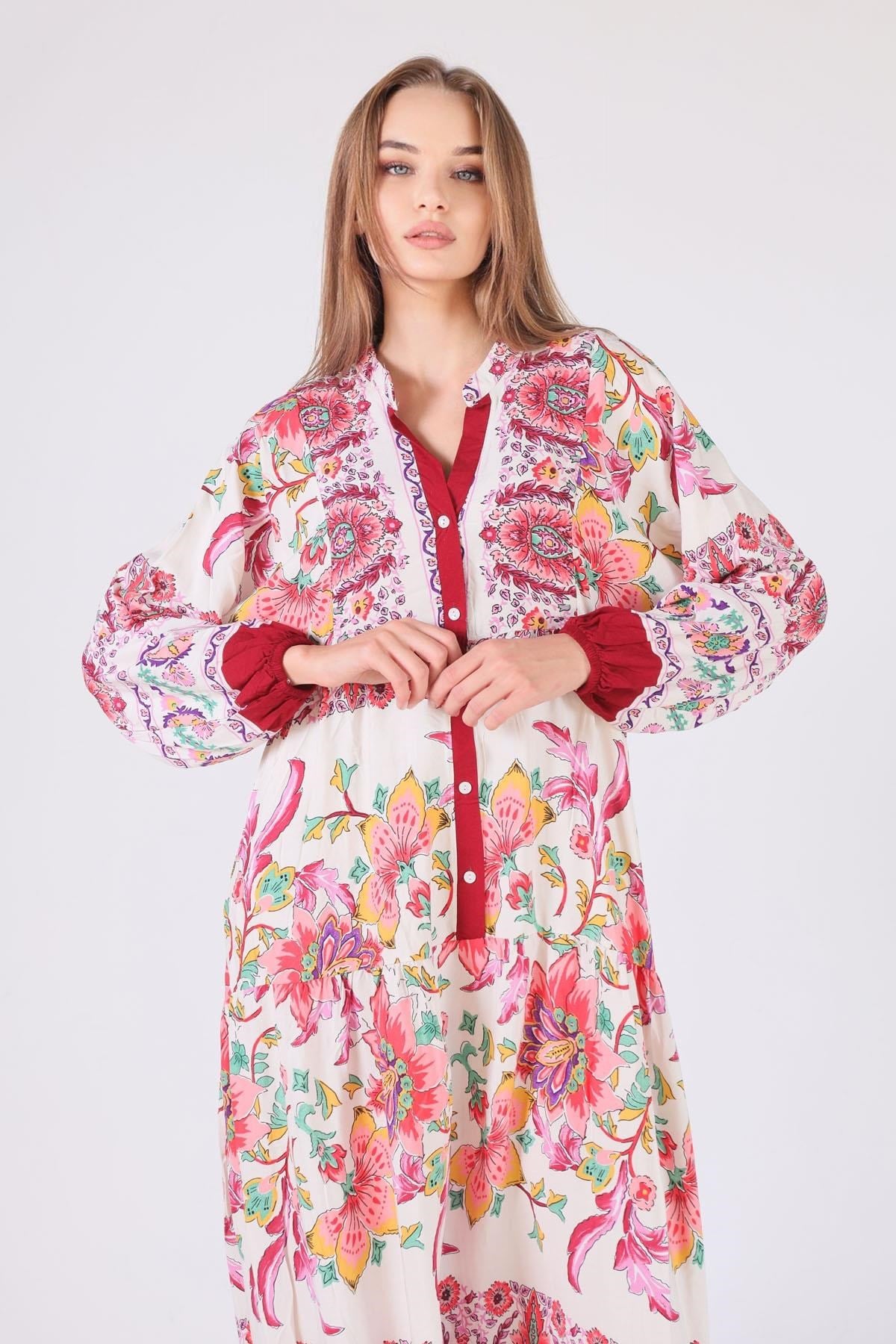 Bordo Uzun Desenli Elbise 2627