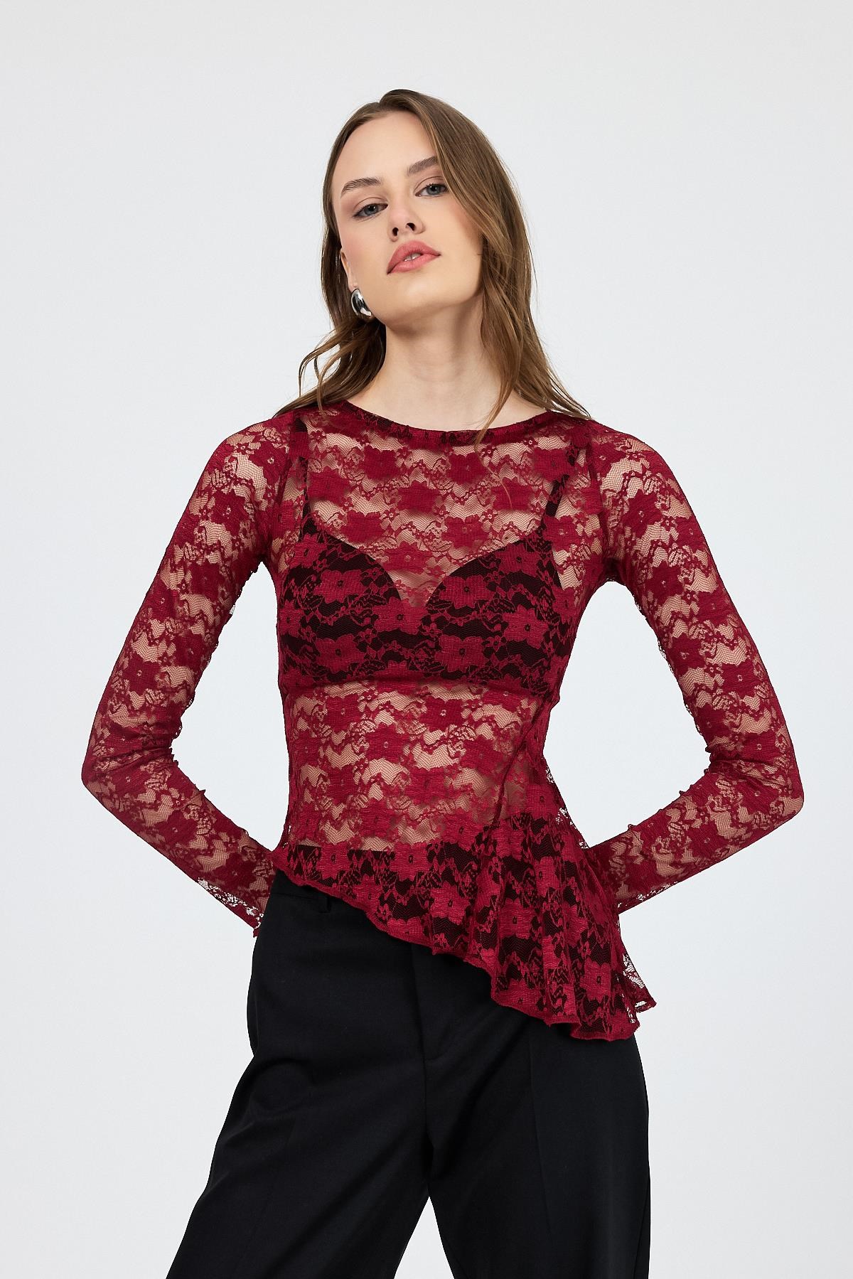 Bordo Uzun Kollu Transparan Dantel Bluz 13288