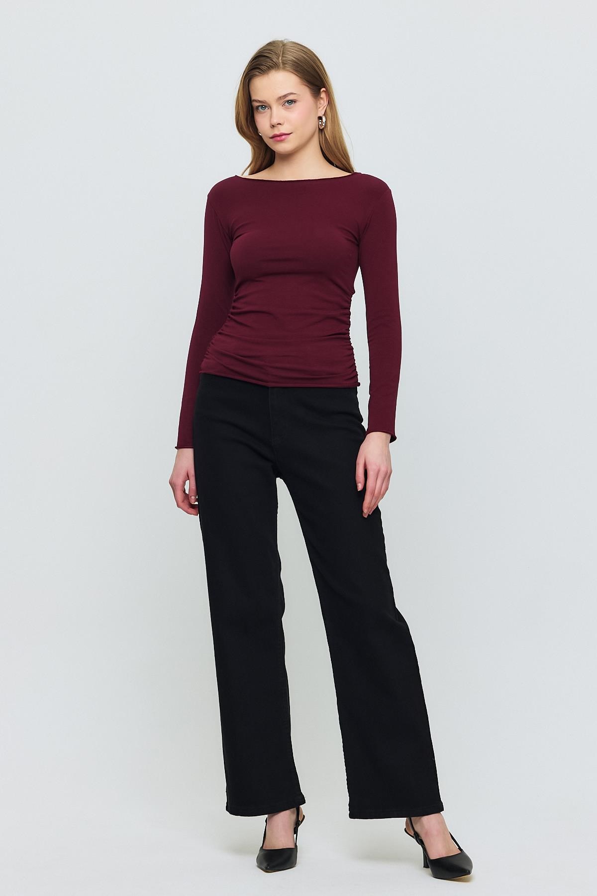 Bordo Yanları Büzgülü Bluz 3027