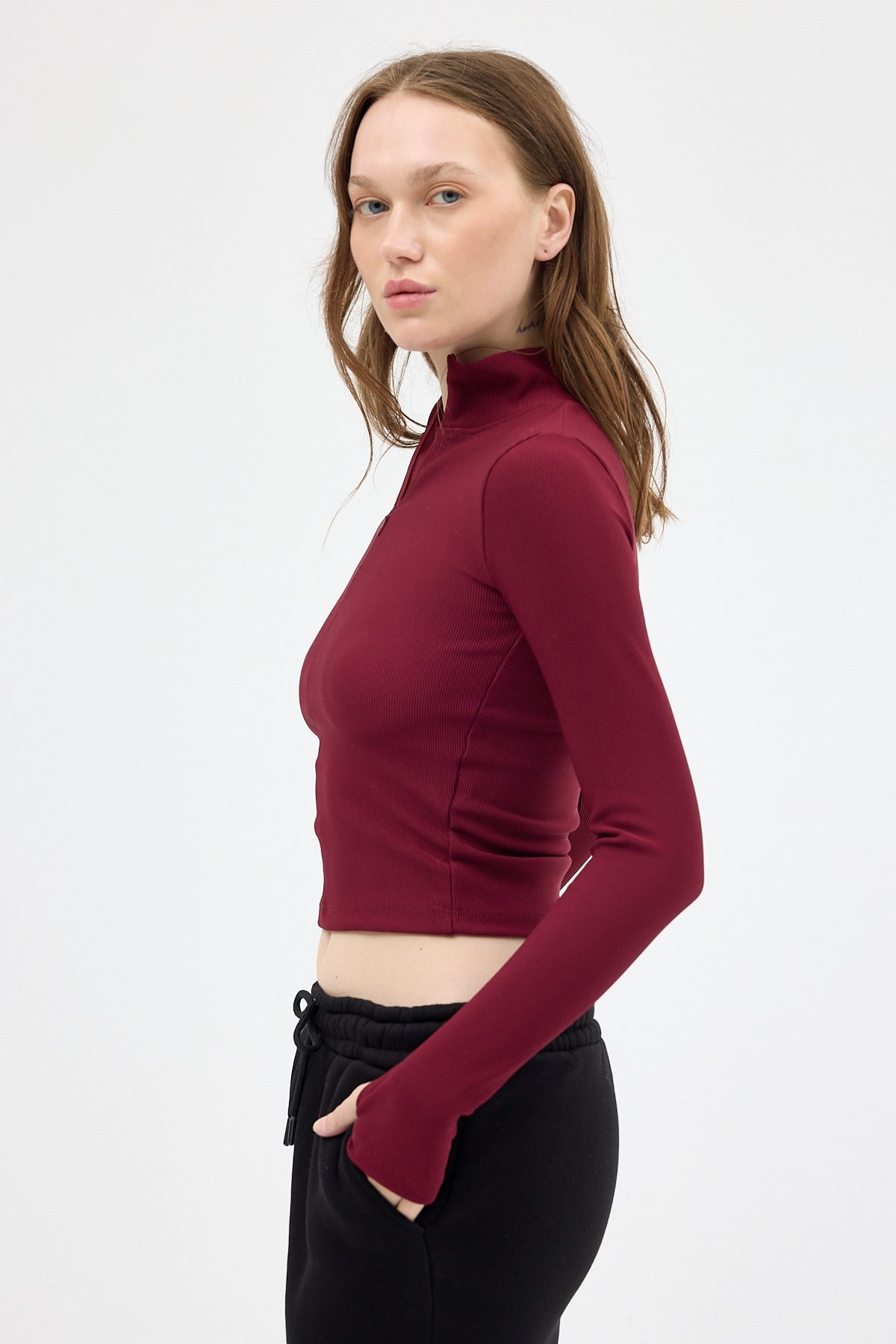 Bordo Yarım Balıkçı Yaka Fermuarlı Body 2447