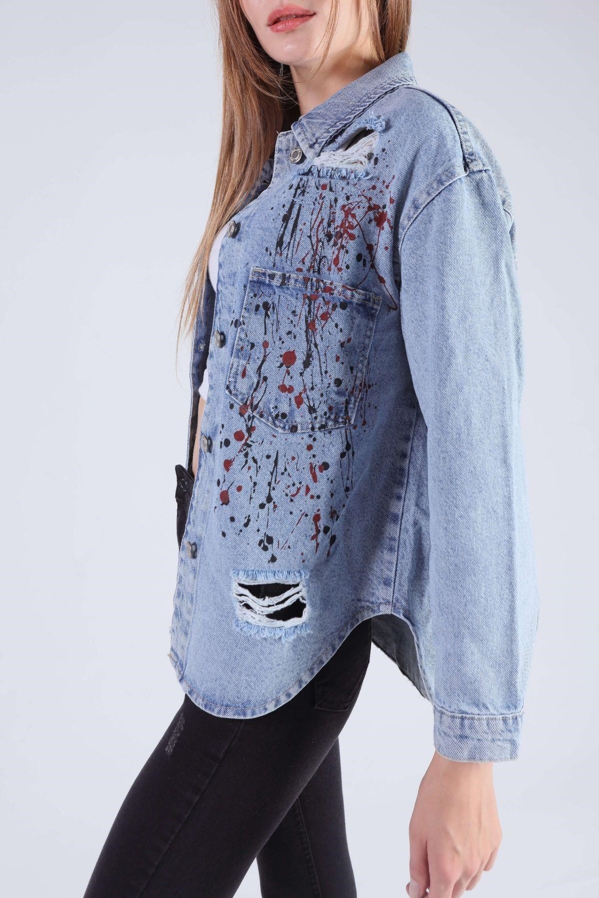 Buz Boya Baskılı Oversize Jean Gömlek 7071