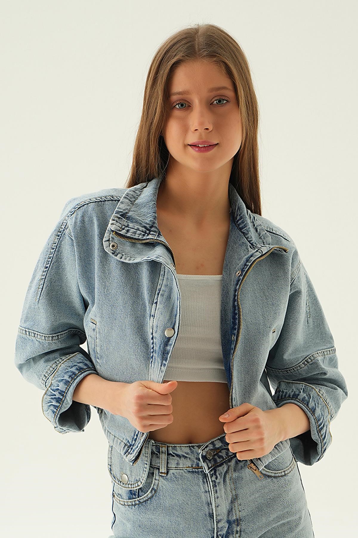 Buz Çıtçıtlı Oversize Kot Ceket 7099