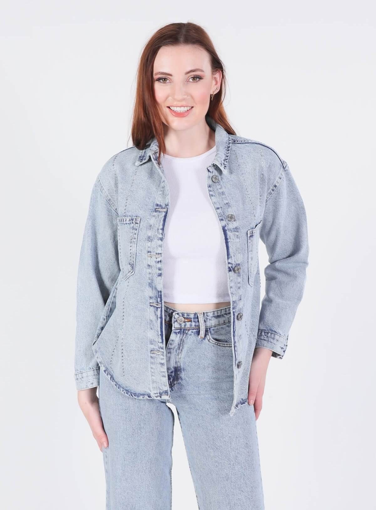 Buz Taşlı Oversize Gömlek 7089