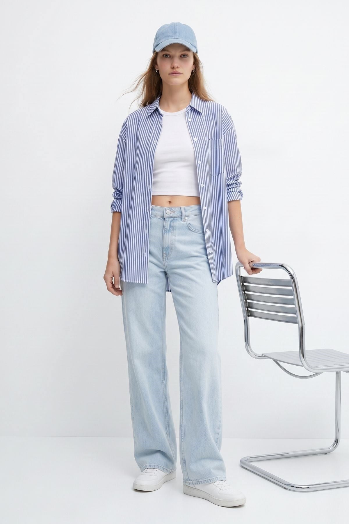 Buz Yüksek Bel Düz Paça Jean 5043