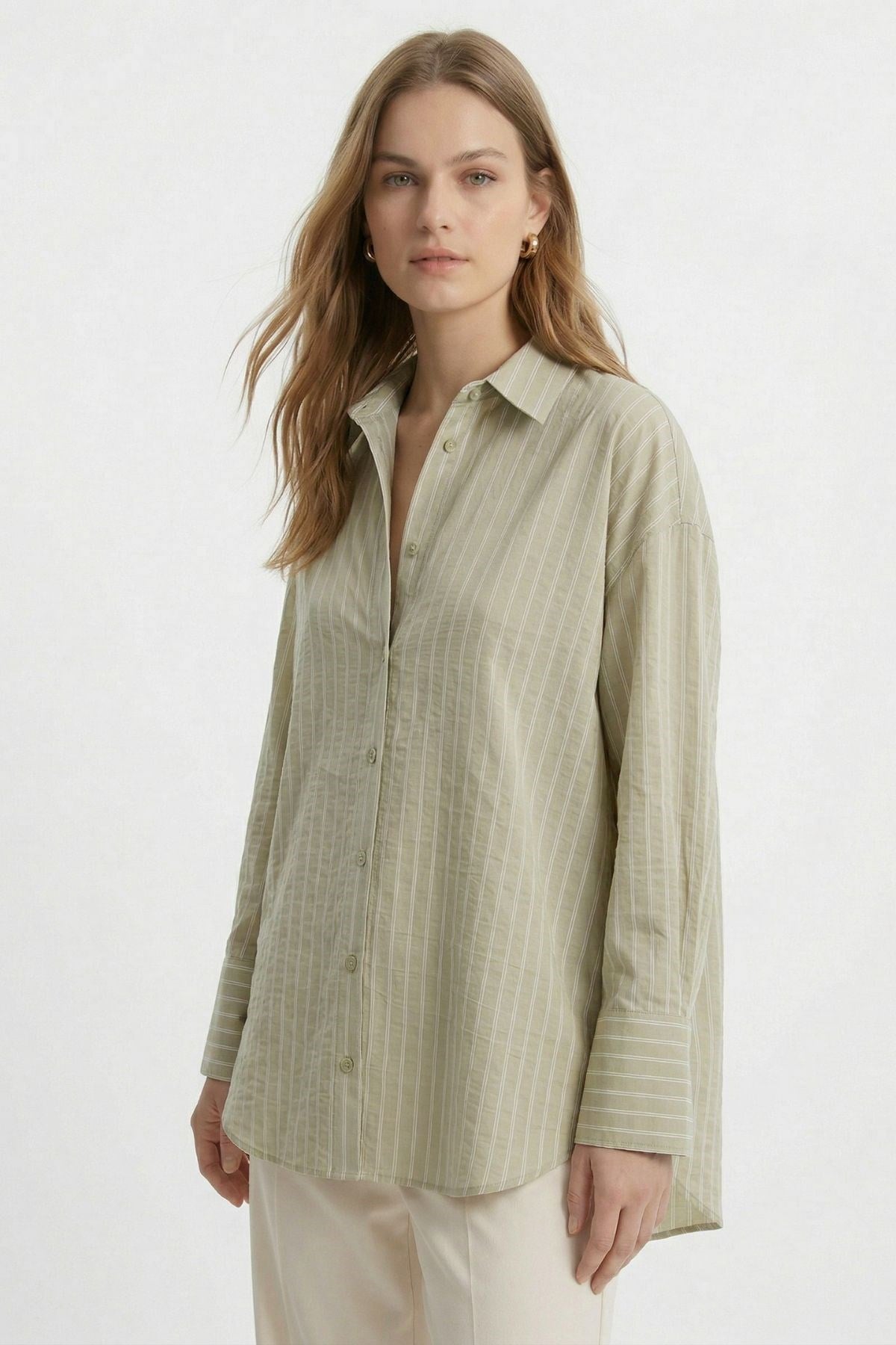 Çağla Çizgili Oversize Gömlek 5460