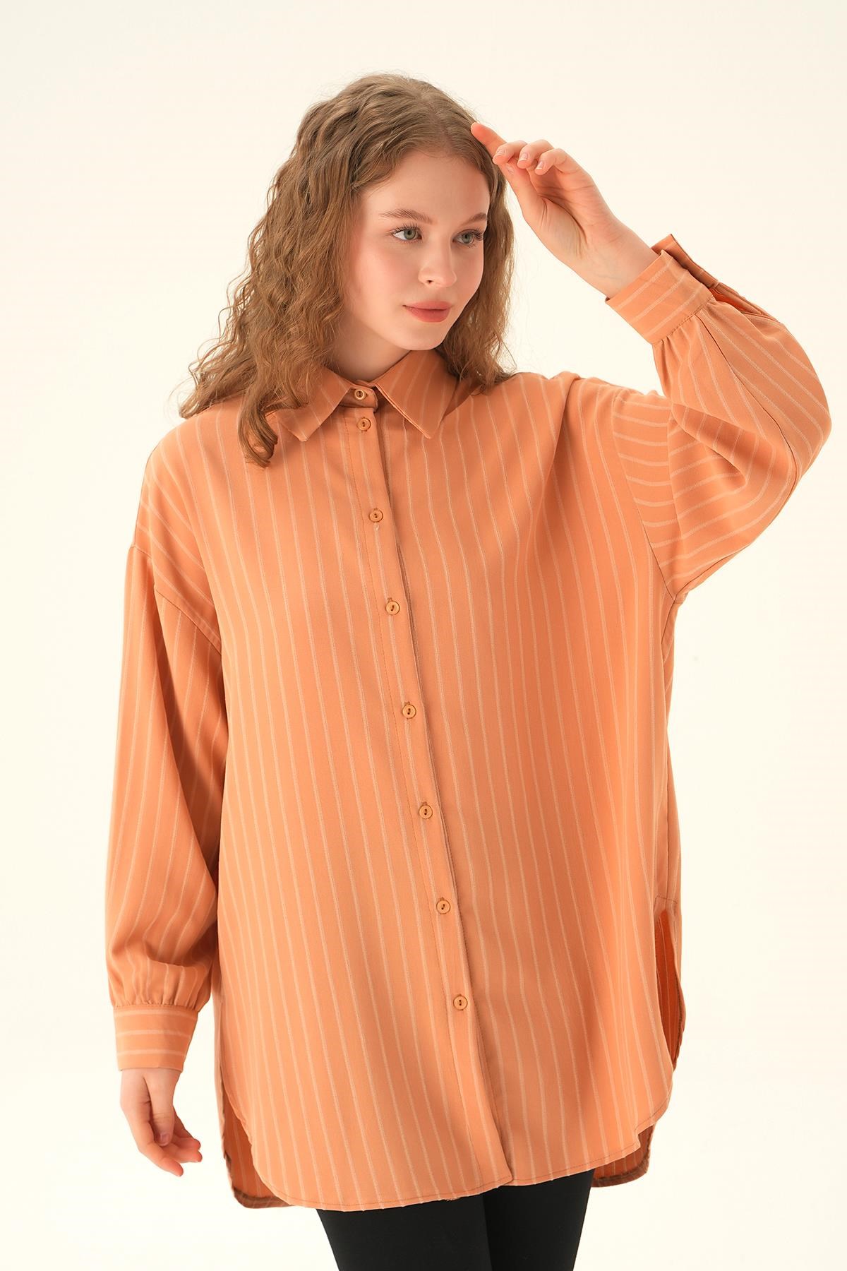Camel Çizgili Oversize Gömlek 4013A