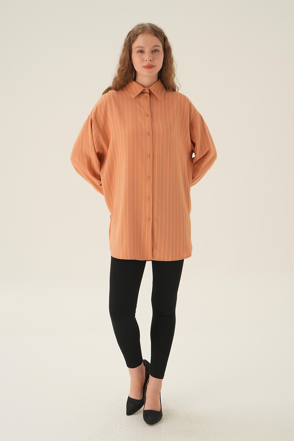 Camel Çizgili Oversize Gömlek 4013A