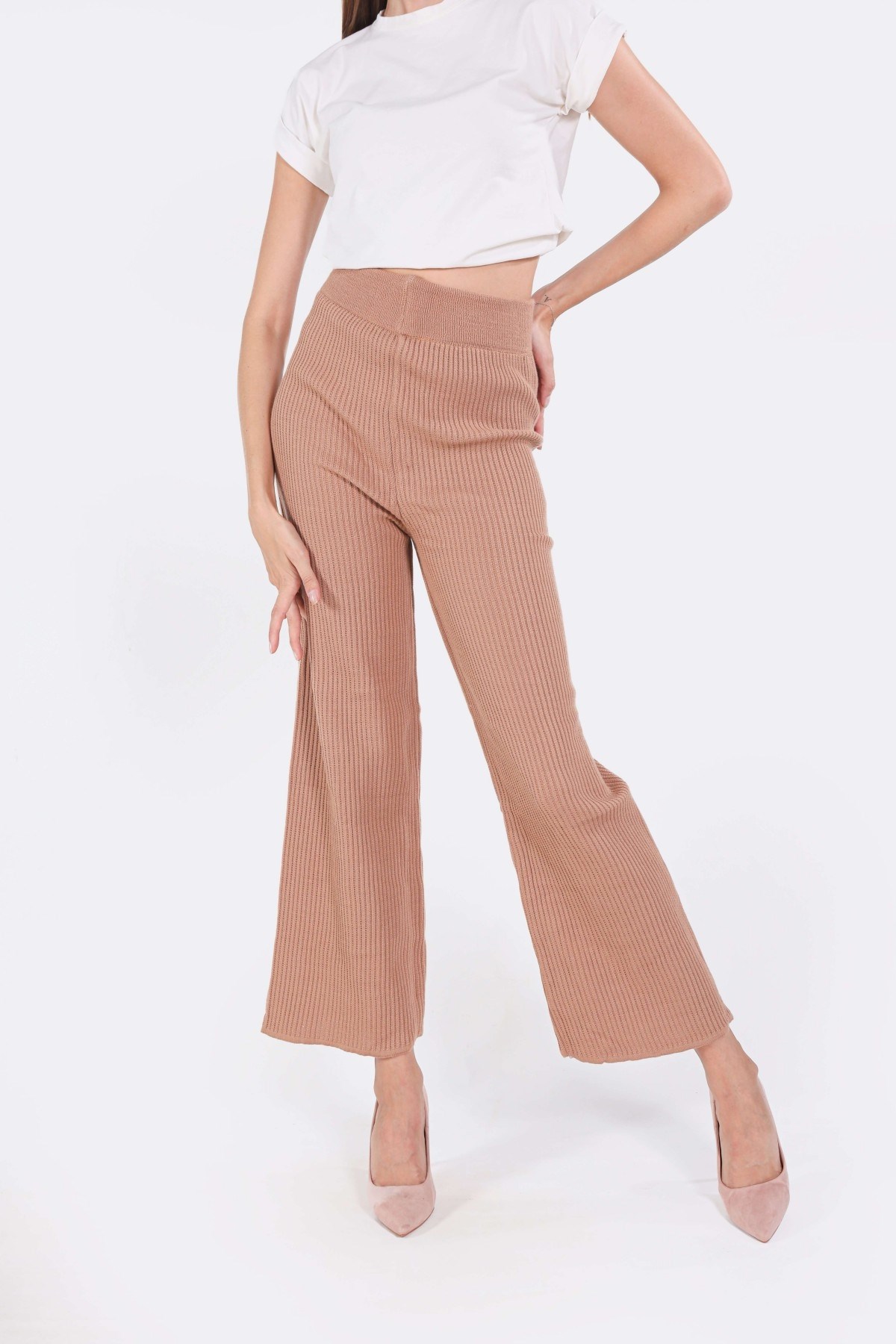 Camel Geniş Paça Triko Pantolon 3028