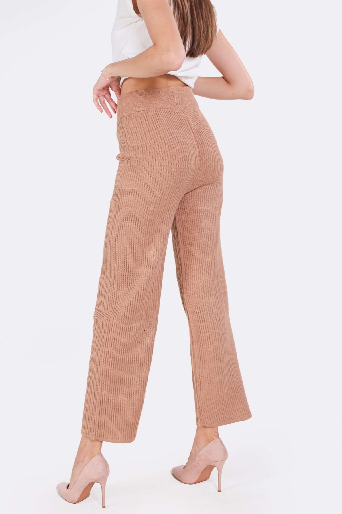 Camel Geniş Paça Triko Pantolon 3028