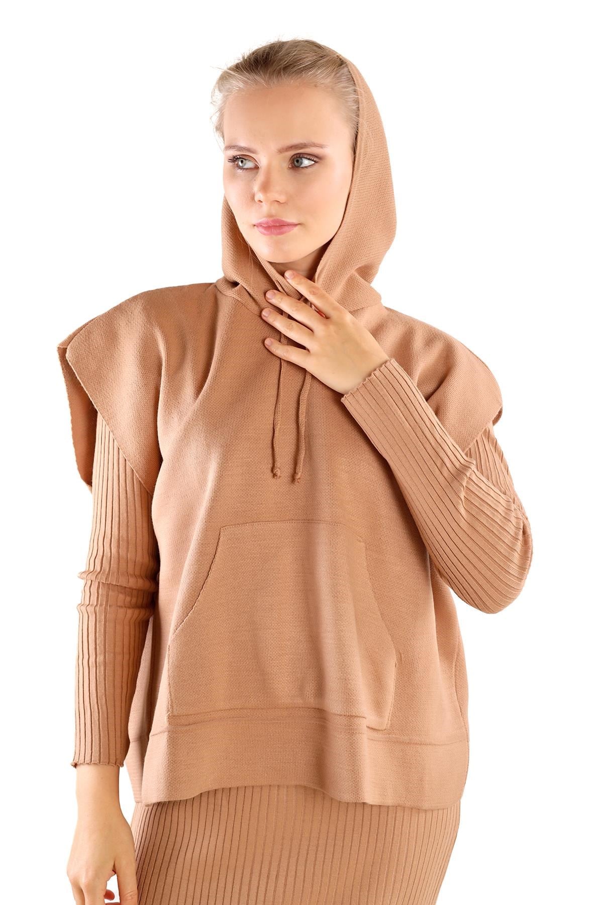 Camel Kapüşonlu Elbise Takım 24114