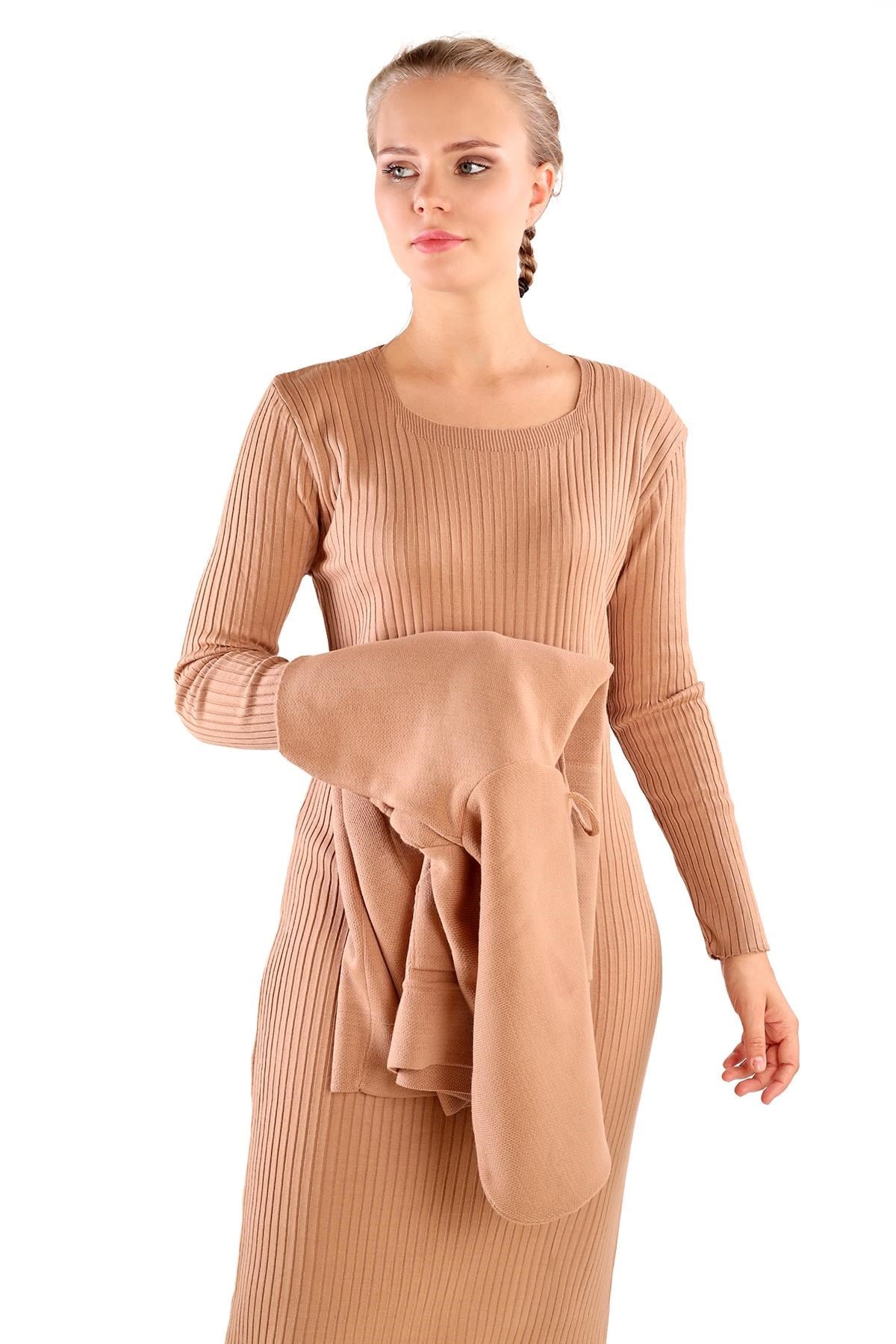 Camel Kapüşonlu Elbise Takım 24114