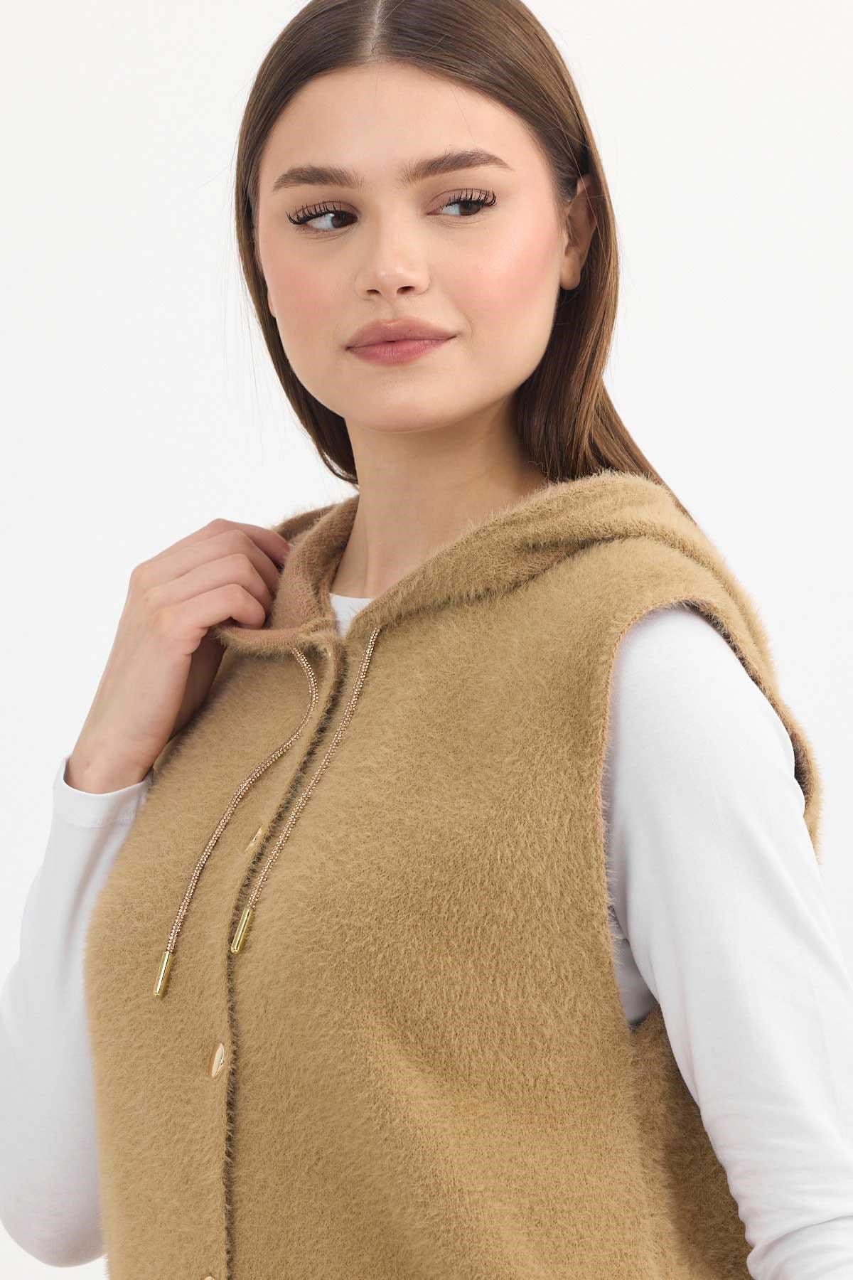 Camel Kapüşonlu Yumoş Yelek 6681
