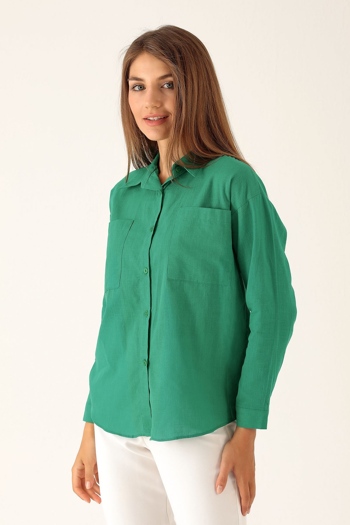 Çift Cep Keten Bayan Gömlek - 6496A Benetton Yeşili
