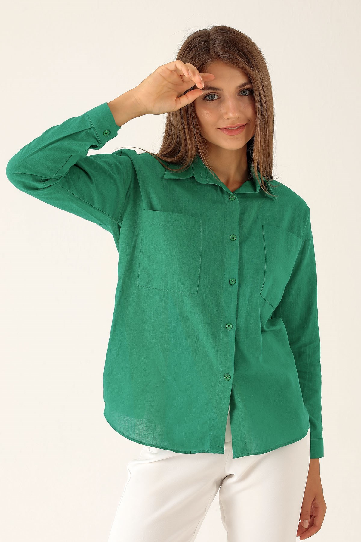 Çift Cep Keten Bayan Gömlek - 6496A Benetton Yeşili