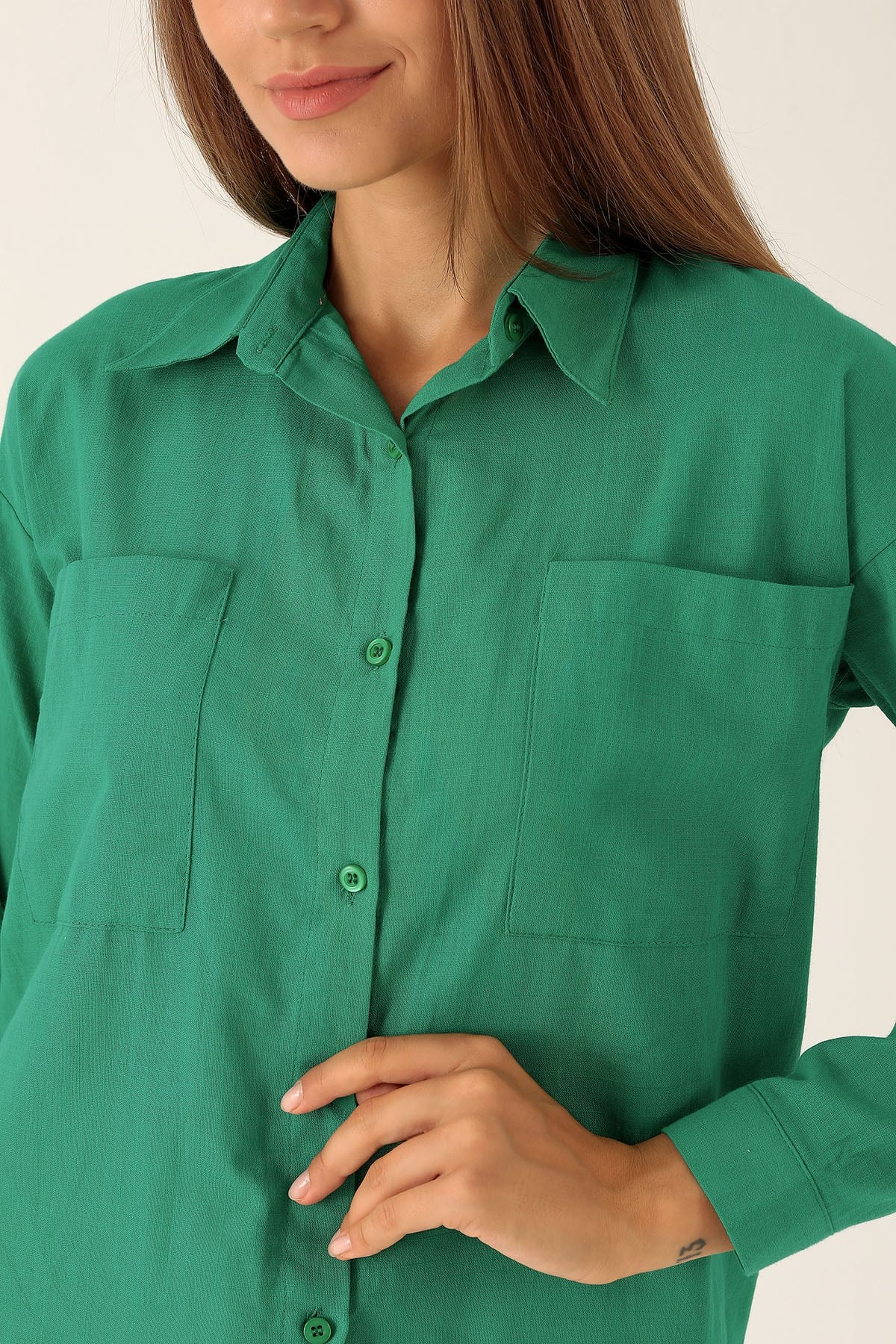 Çift Cep Keten Bayan Gömlek - 6496A Benetton Yeşili