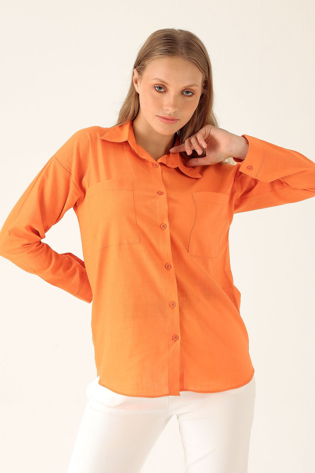 Çift Cep Keten Bayan Gömlek - 6496A Orange