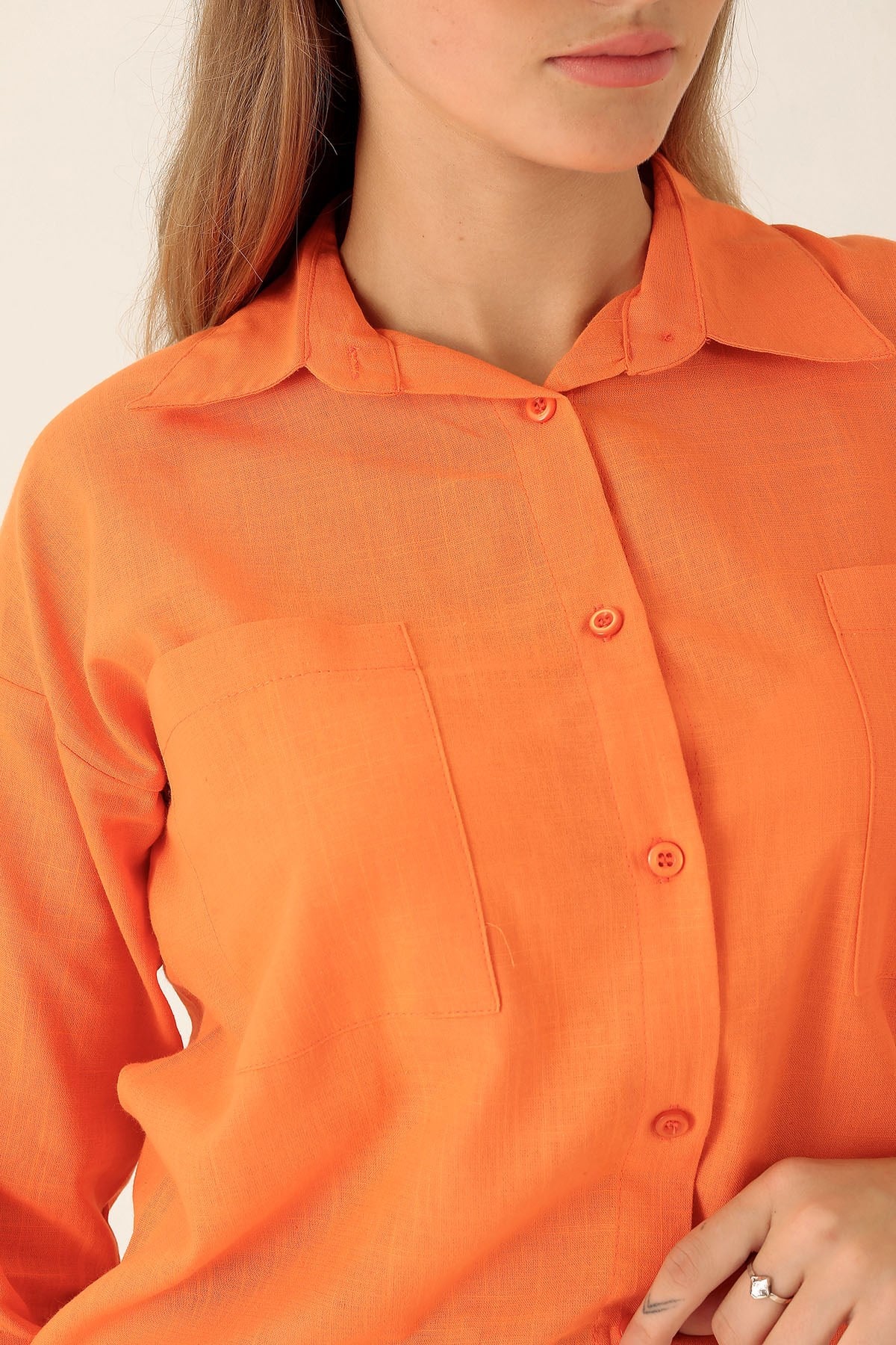 Çift Cep Keten Bayan Gömlek - 6496A Orange