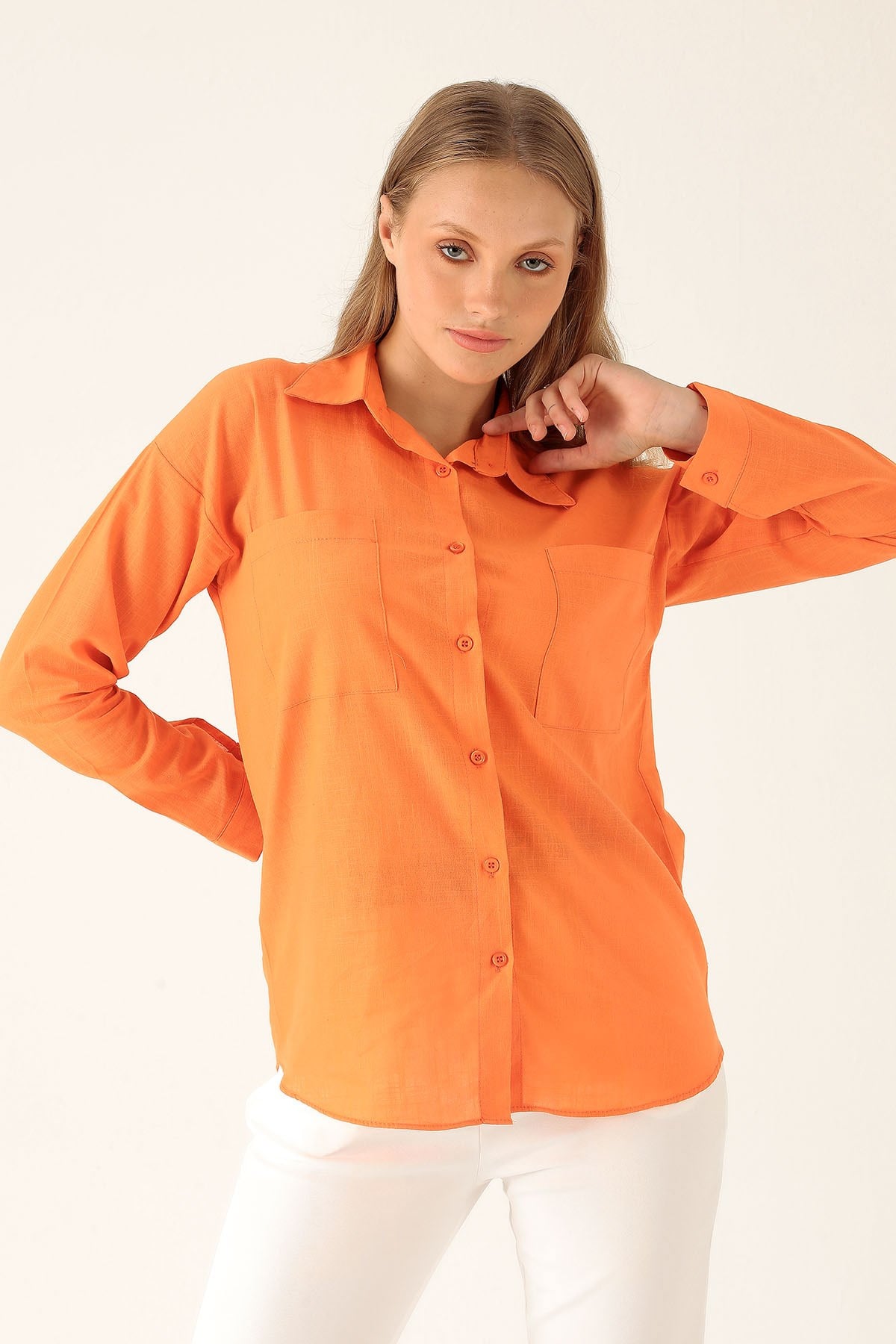 Çift Cep Keten Bayan Gömlek - 6496A Orange