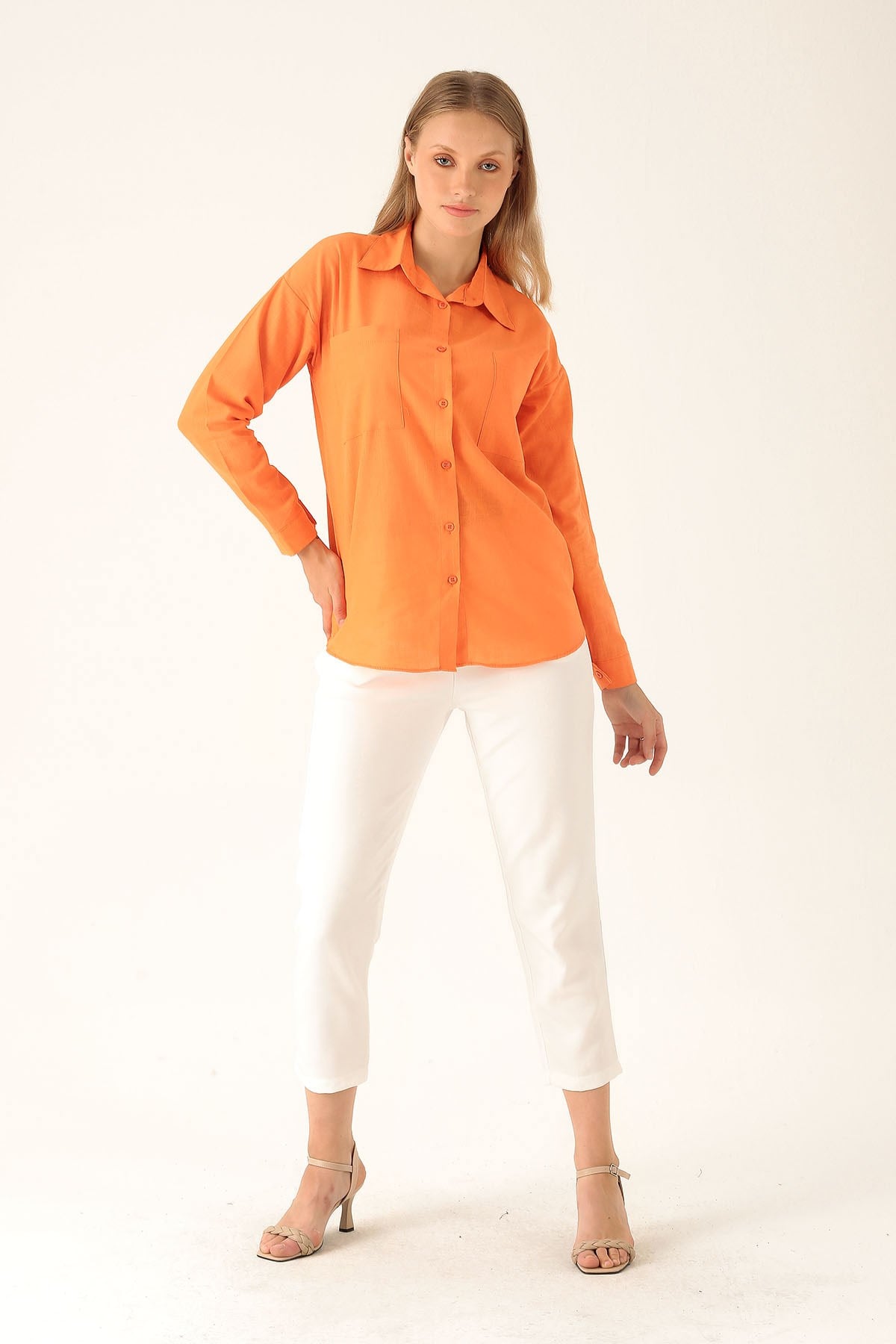 Çift Cep Keten Bayan Gömlek - 6496A Orange