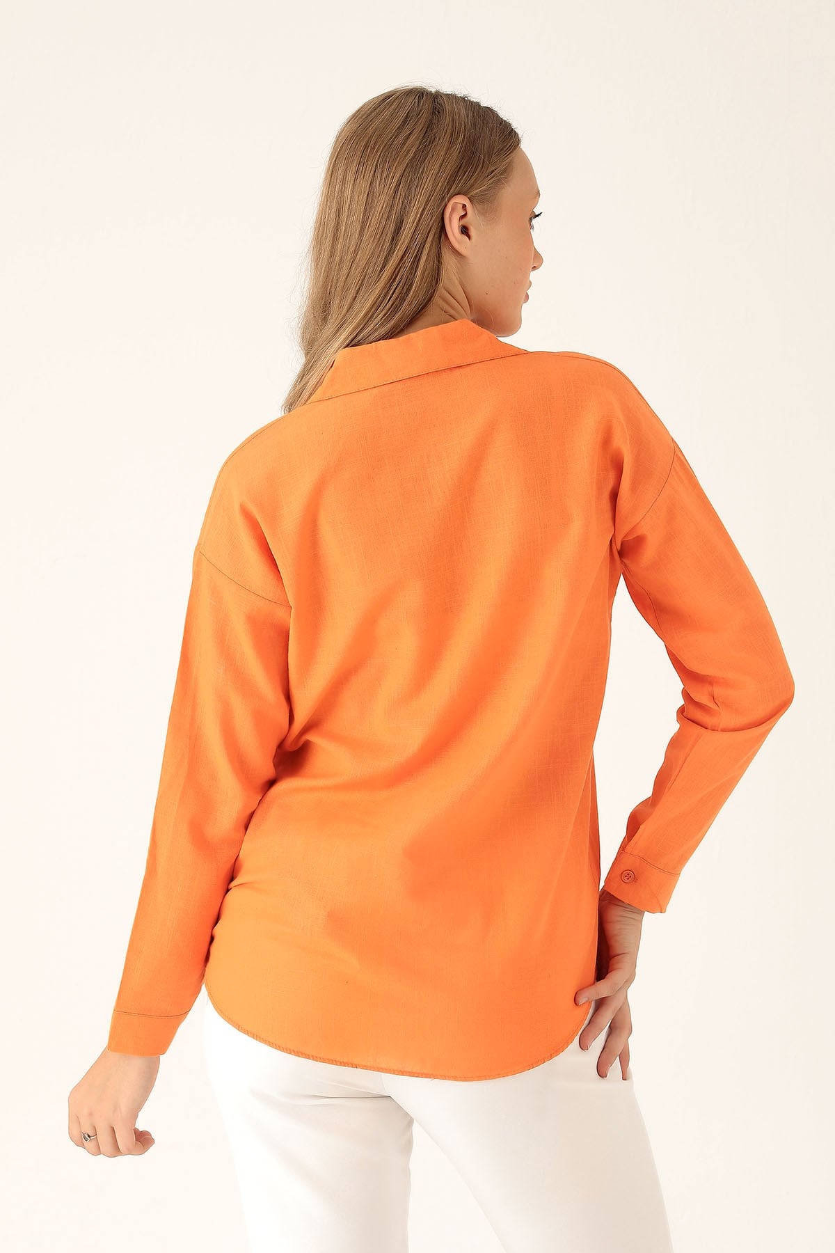 Çift Cep Keten Bayan Gömlek - 6496A Orange