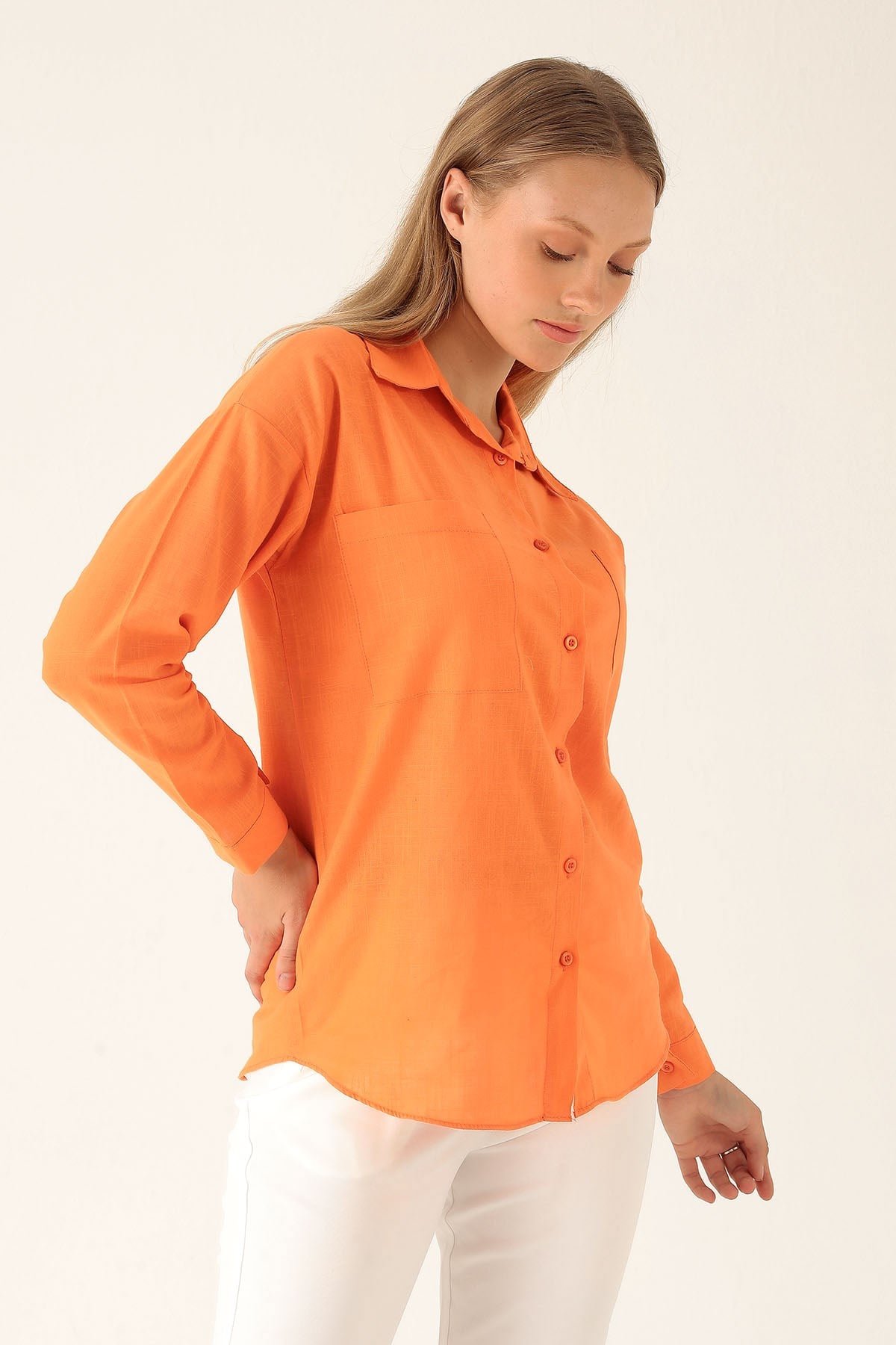 Çift Cep Keten Bayan Gömlek - 6496A Orange