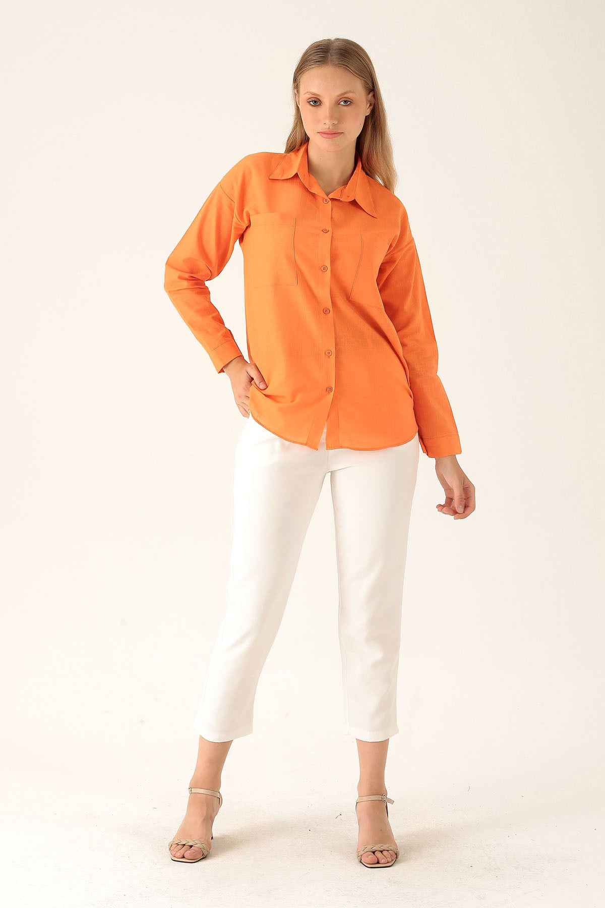 Çift Cep Keten Bayan Gömlek - 6496A Orange