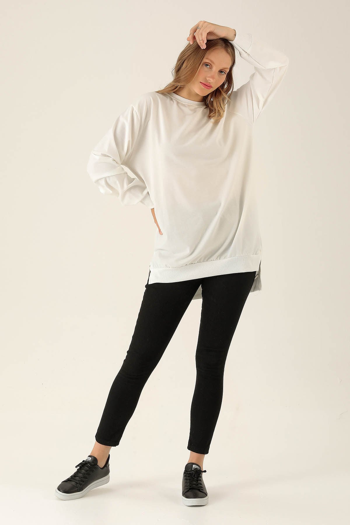 Düz Basic Bayan Sweat - 0013 Ekru