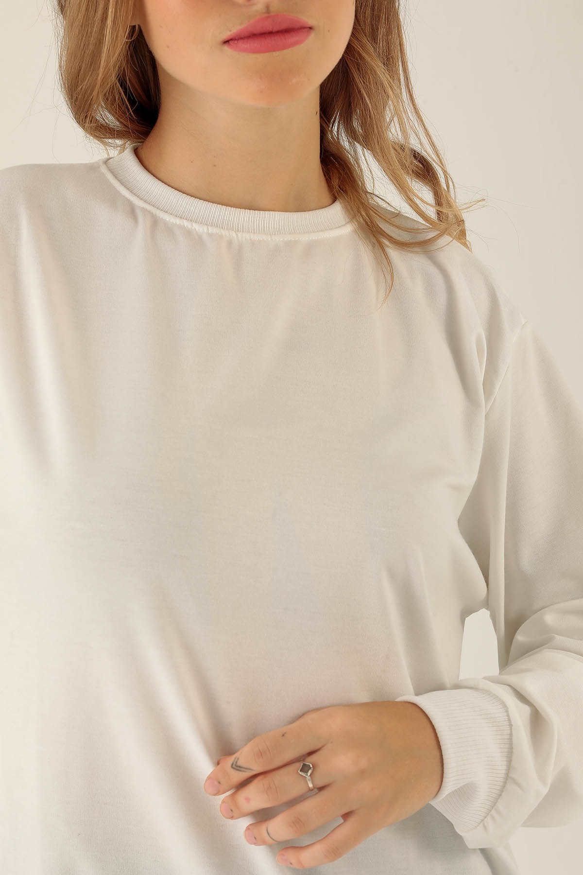 Düz Basic Bayan Sweat - 0013 Ekru