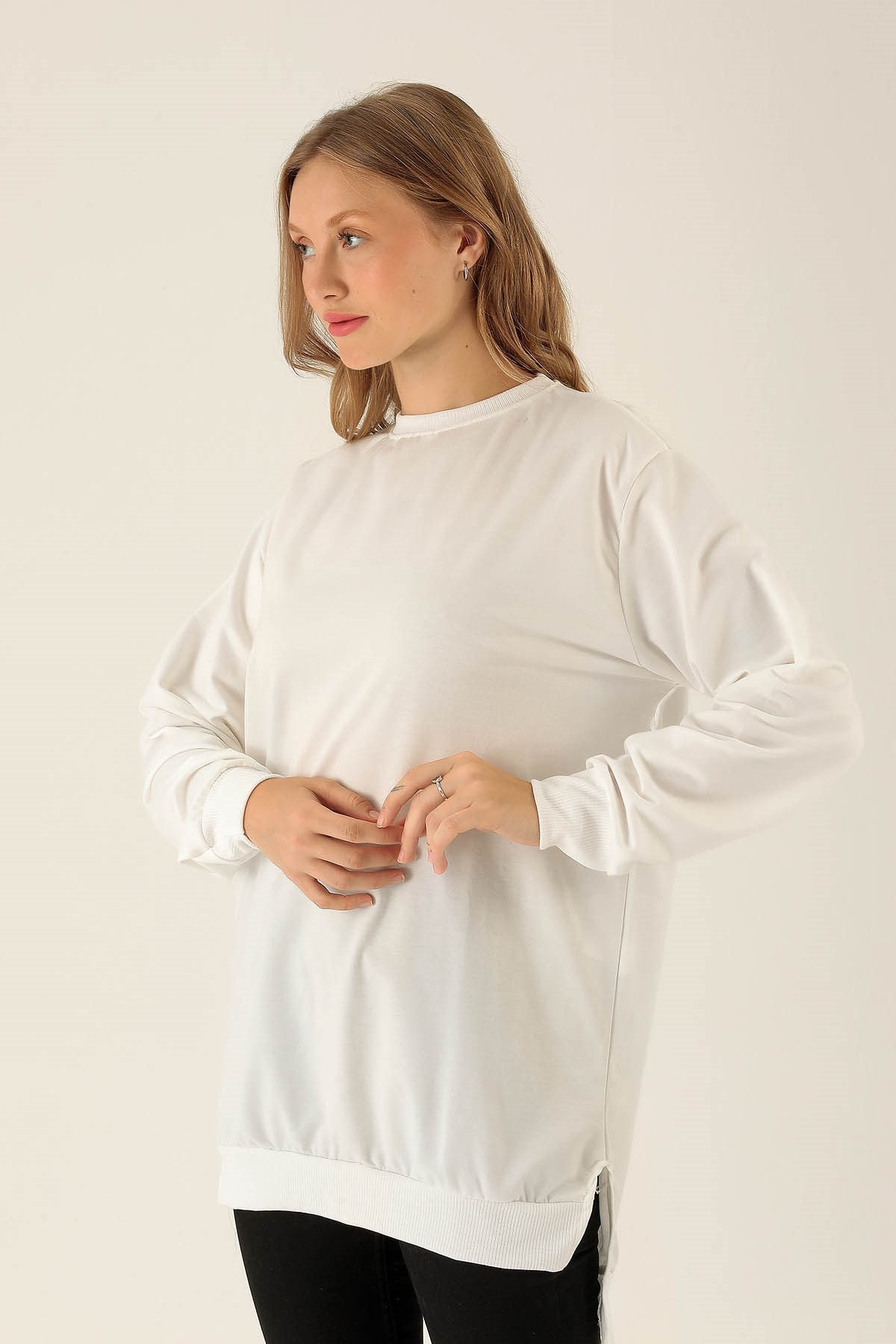 Düz Basic Bayan Sweat - 0013 Ekru