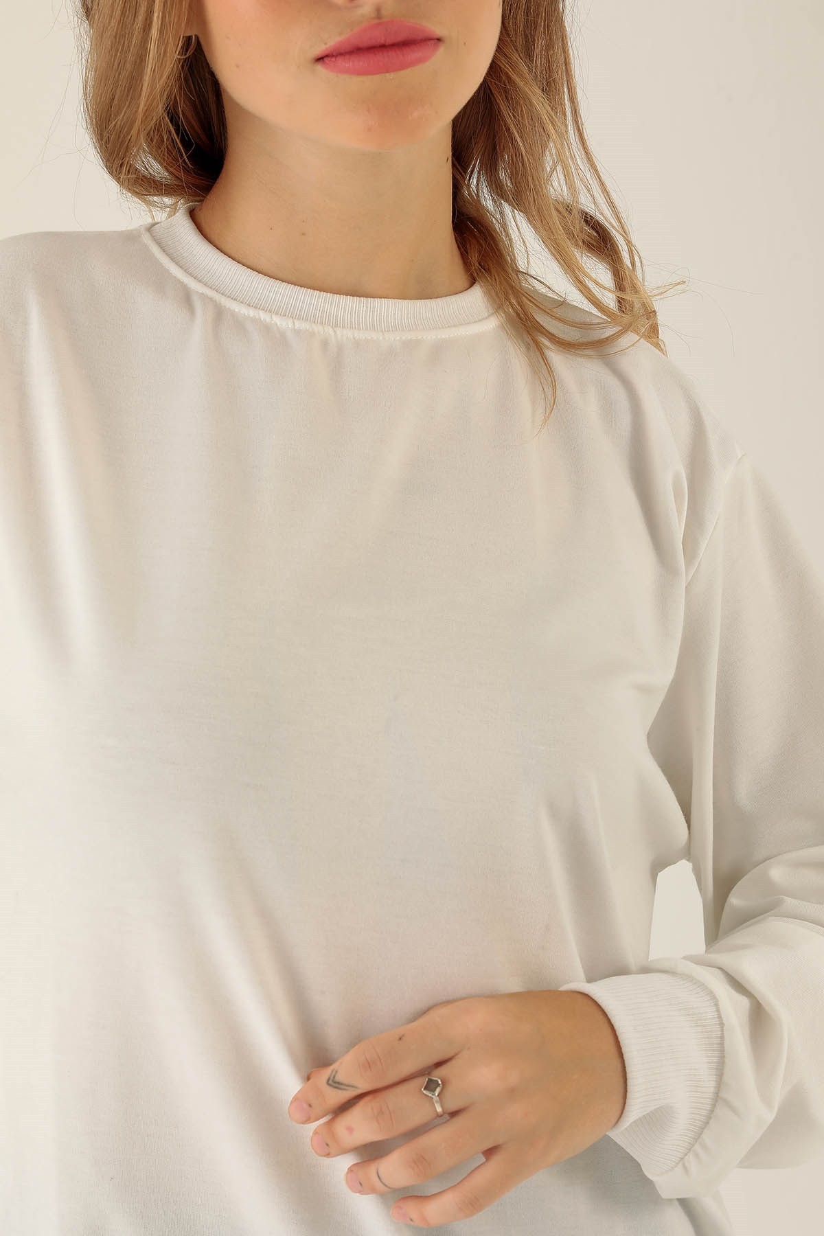 Düz Basic Bayan Sweat - 0013 Ekru