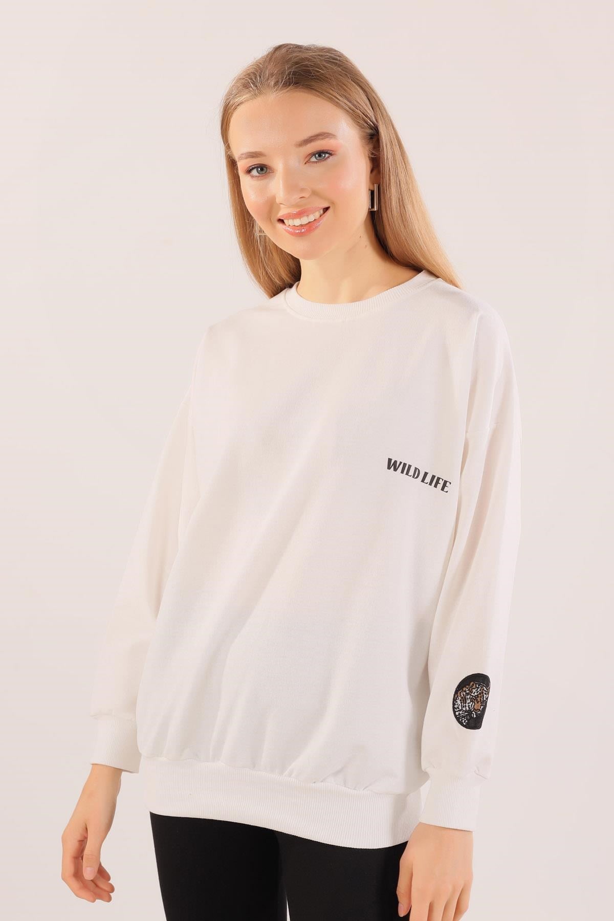 Ekru Arkası Kaplan Baskı Sweat 8632