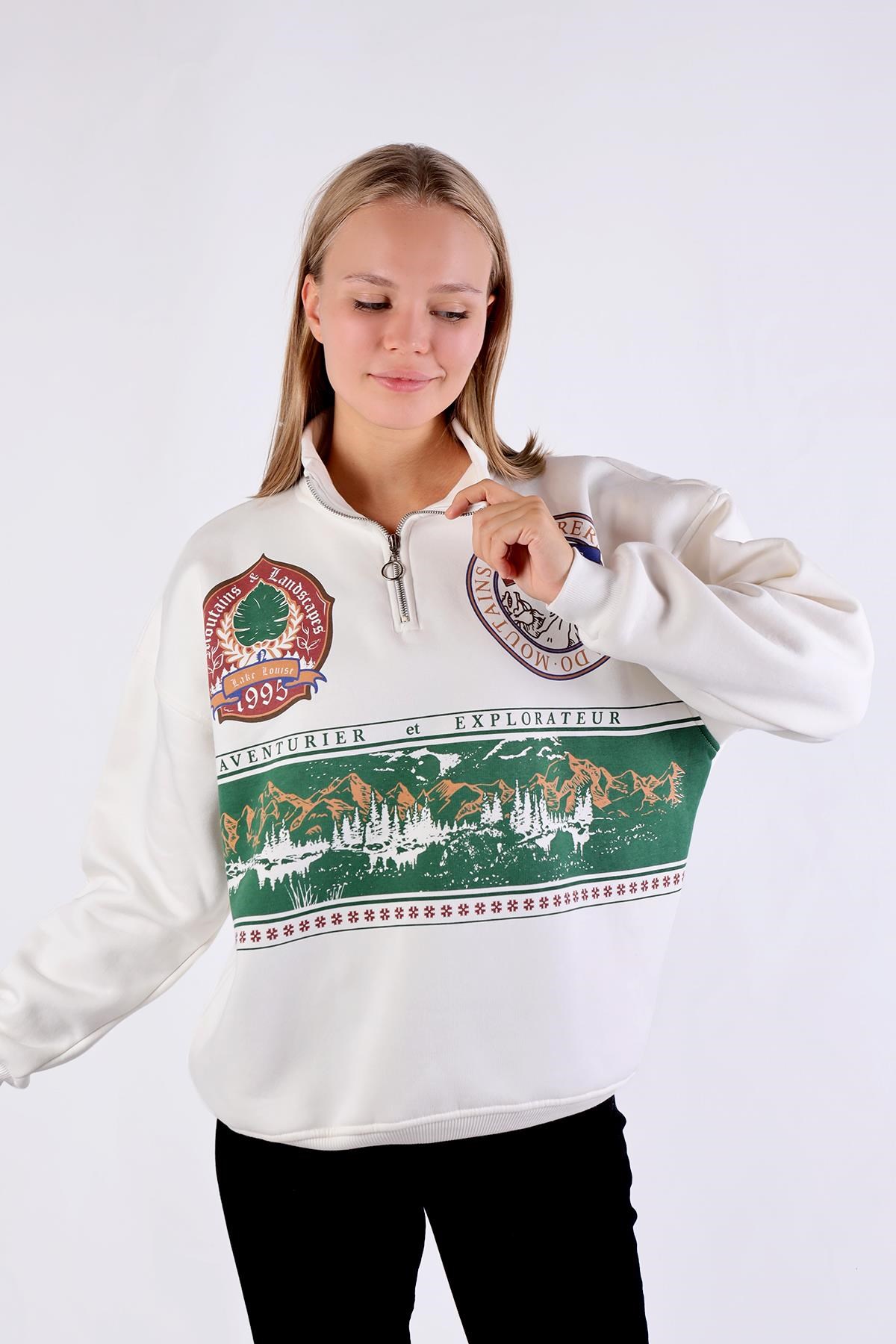 Ekru Baskılı Fermuarlı Sweat 1118