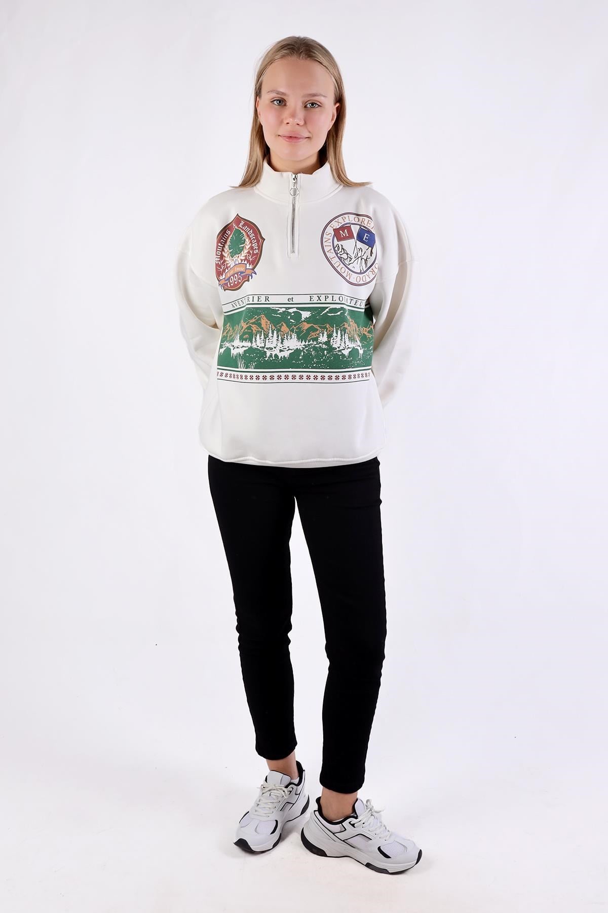 Ekru Baskılı Fermuarlı Sweat 1118