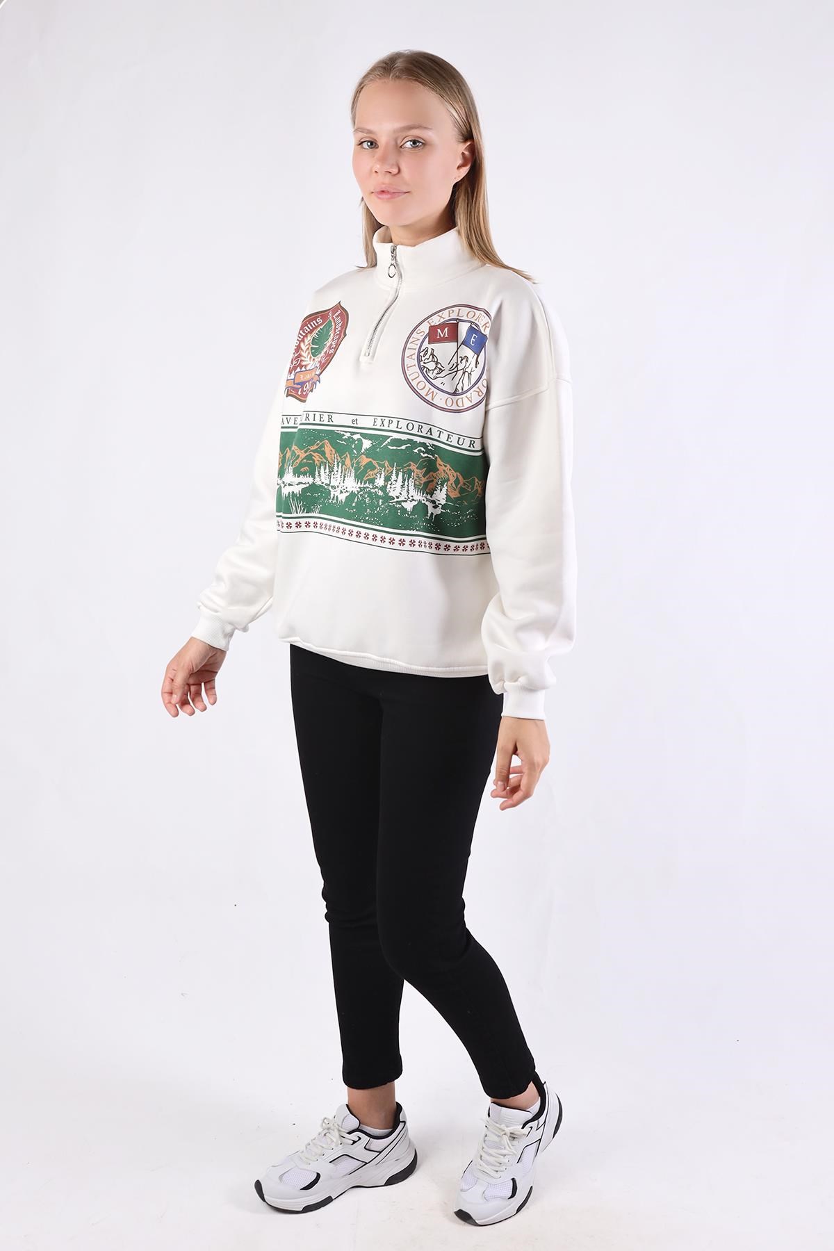 Ekru Baskılı Fermuarlı Sweat 1118