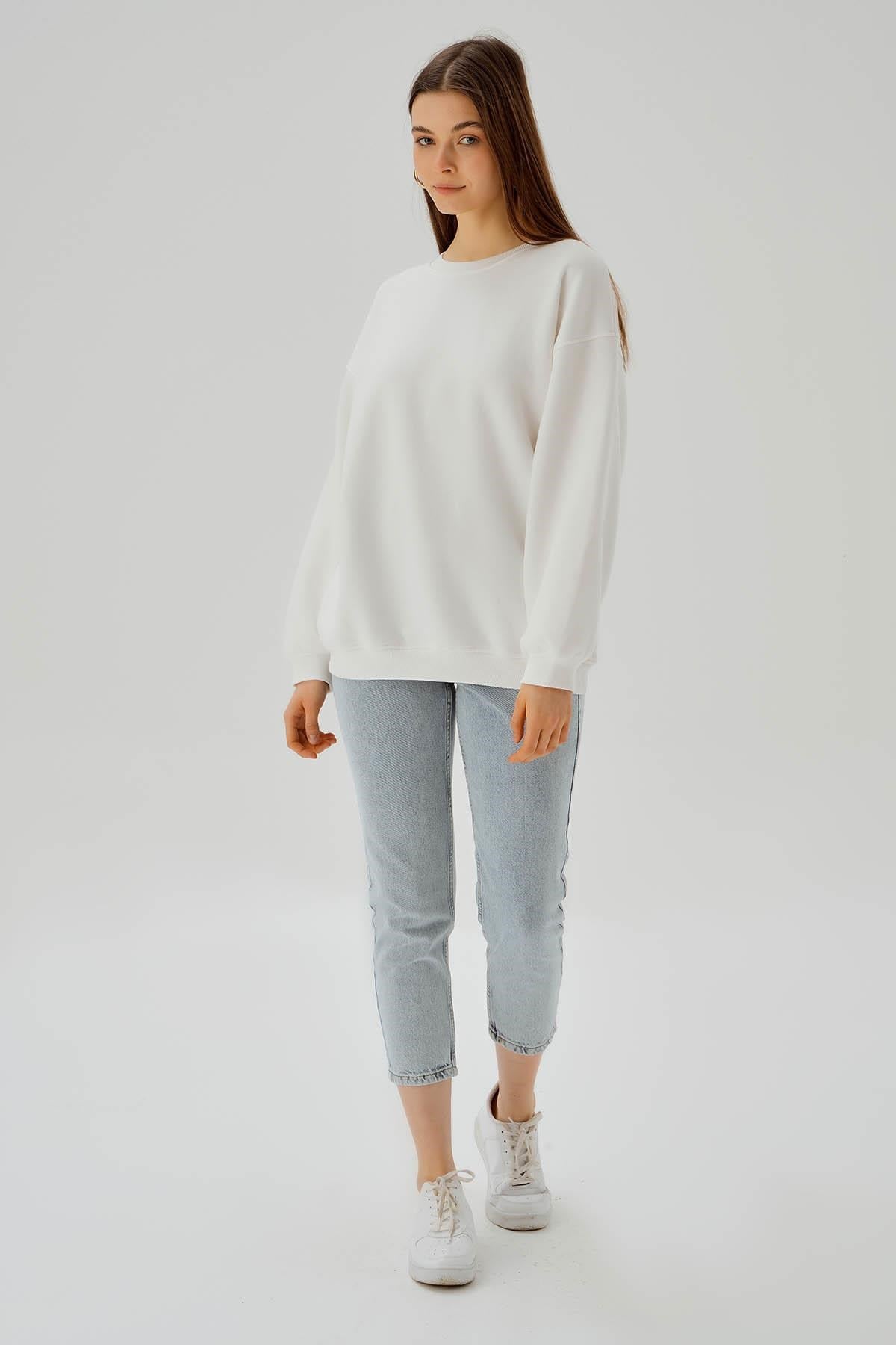 Ekru Bisiklet Yaka Oversize Sweat 3183