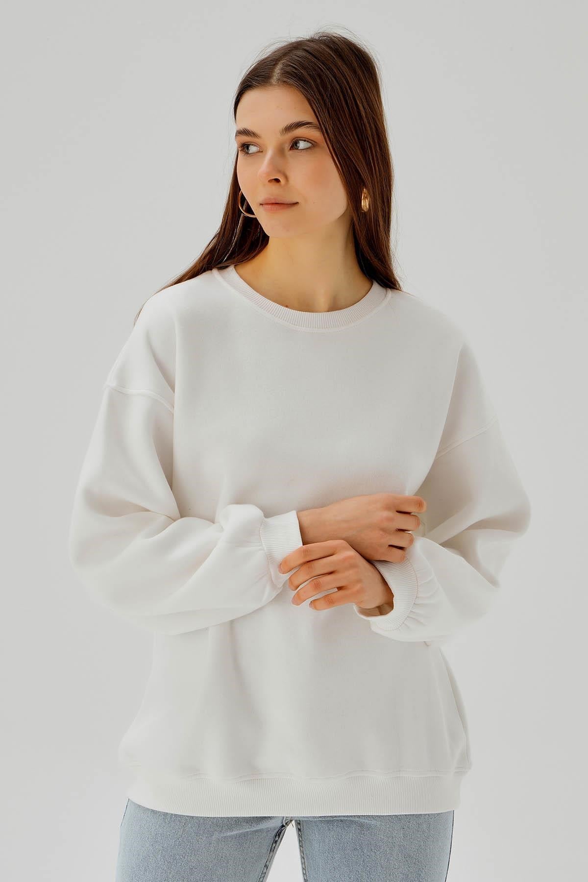Ekru Bisiklet Yaka Oversize Sweat 3183
