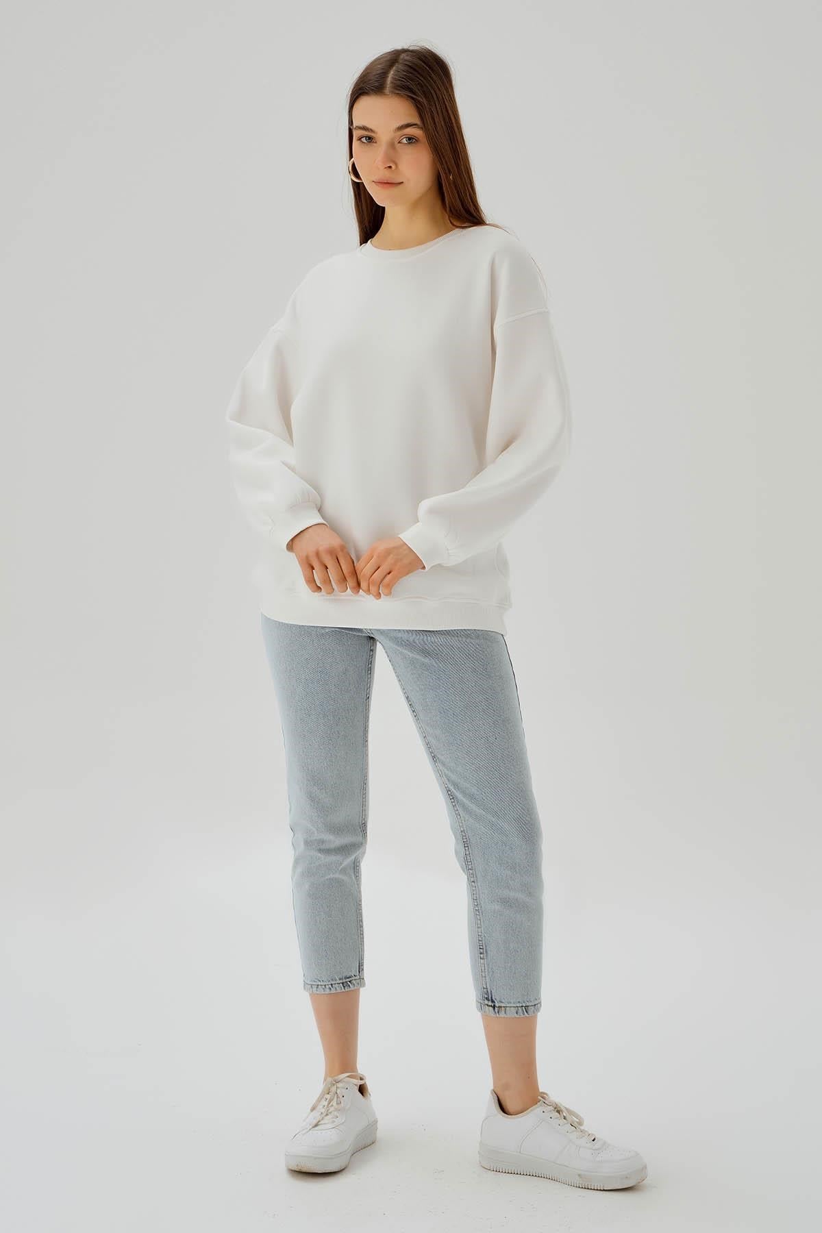 Ekru Bisiklet Yaka Oversize Sweat 3183