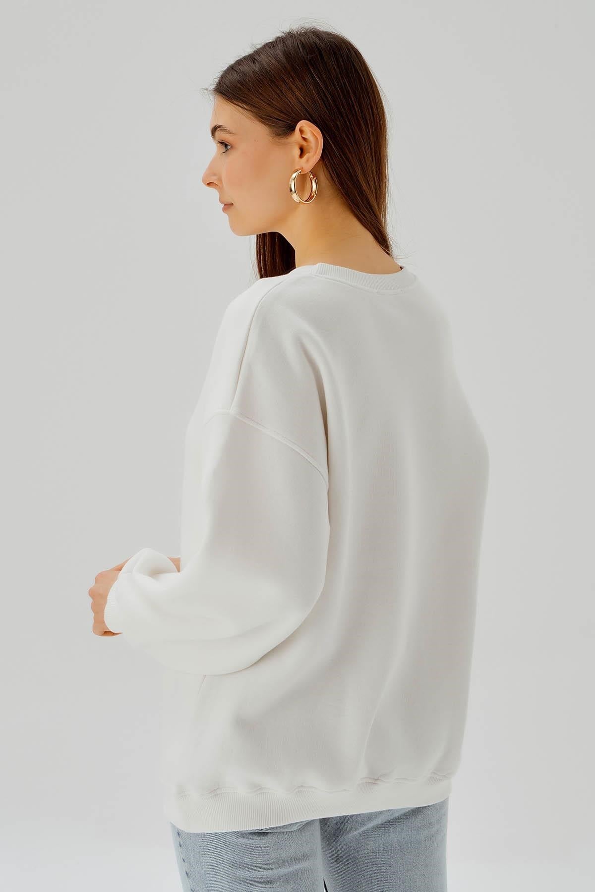 Ekru Bisiklet Yaka Oversize Sweat 3183