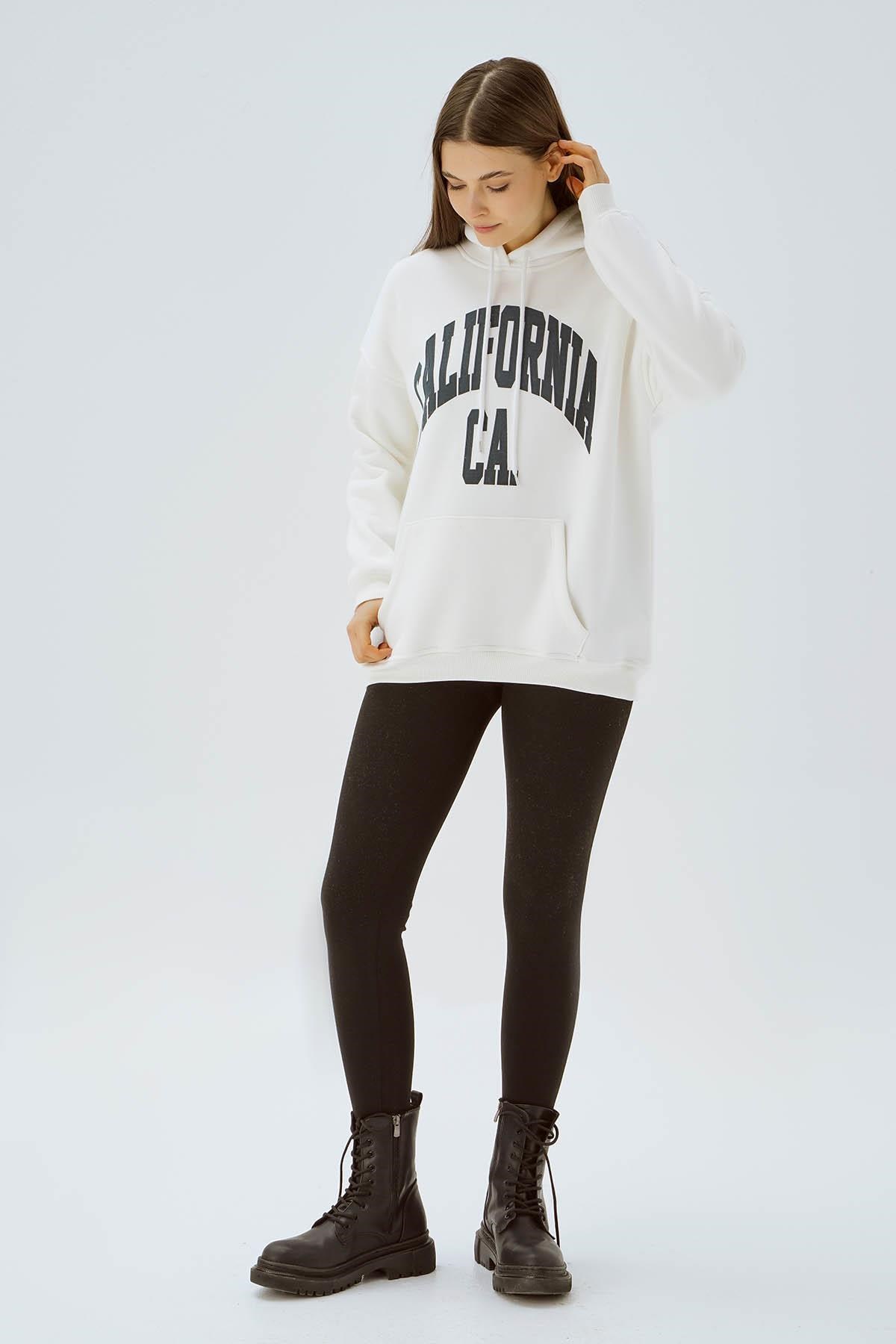 Ekru Kapüşonlu Oversize Sweat 3720