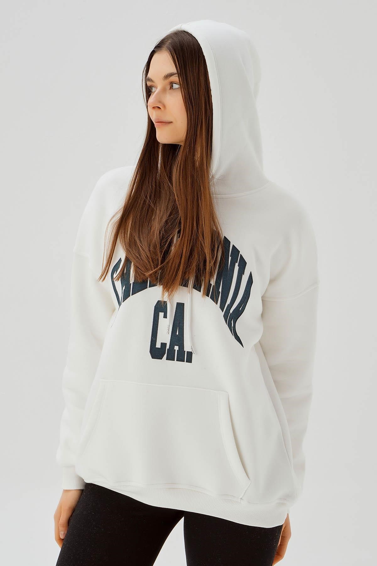Ekru Kapüşonlu Oversize Sweat 3720