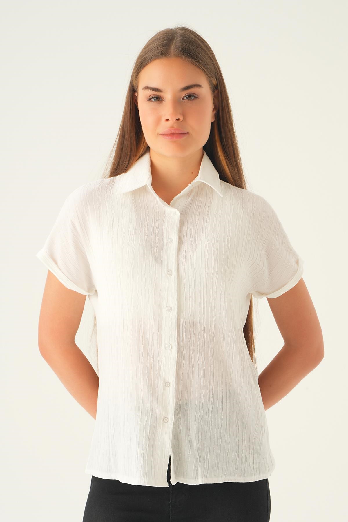 Ekru Kısa Kol Oversize Gömlek 4163A