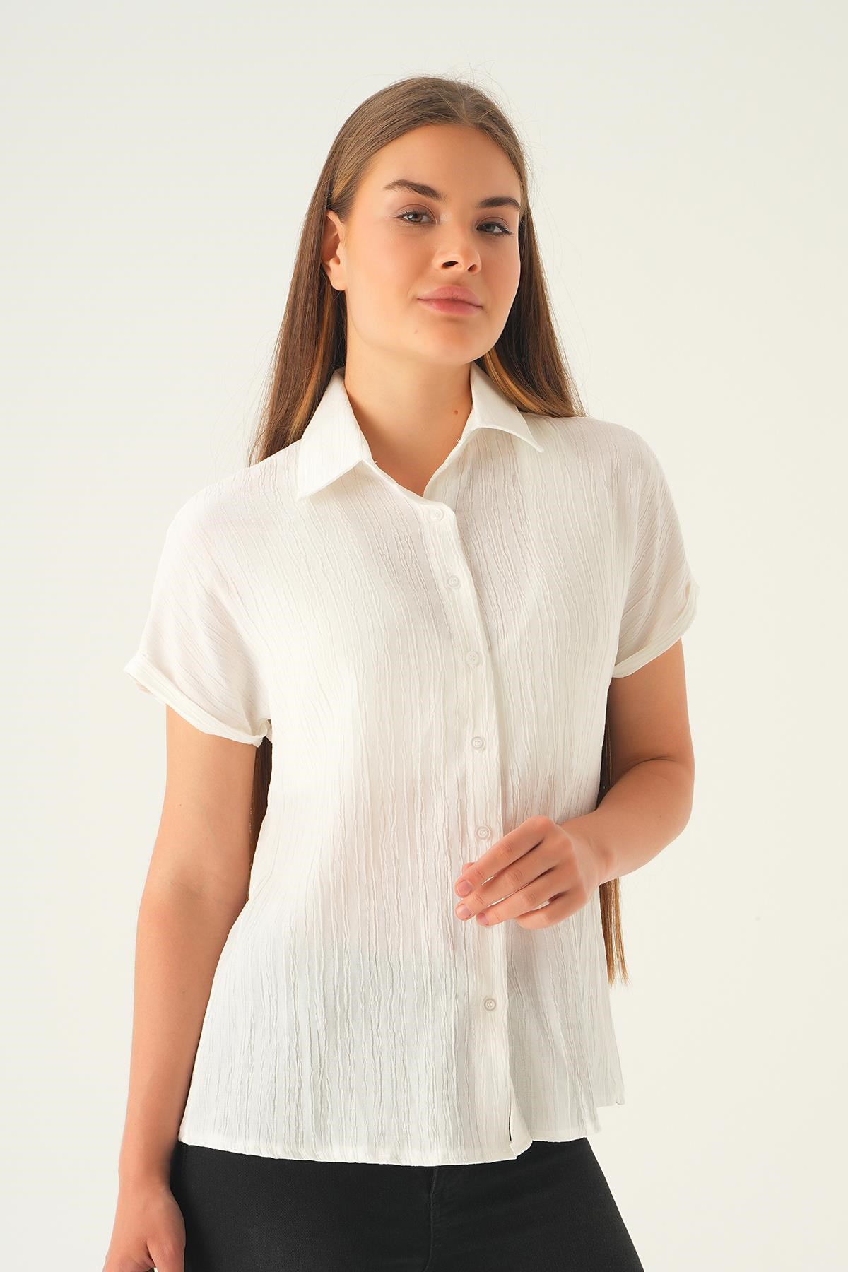 Ekru Kısa Kol Oversize Gömlek 4163A
