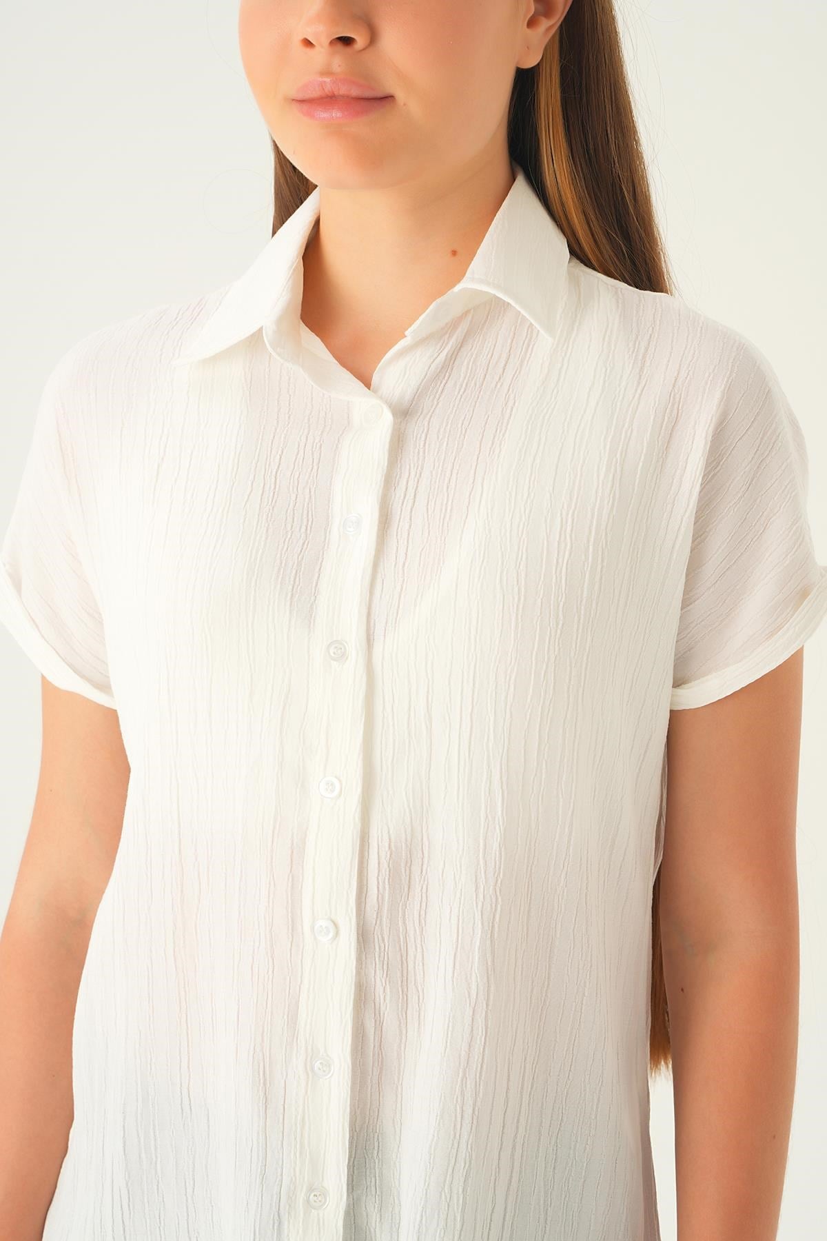 Ekru Kısa Kol Oversize Gömlek 4163A